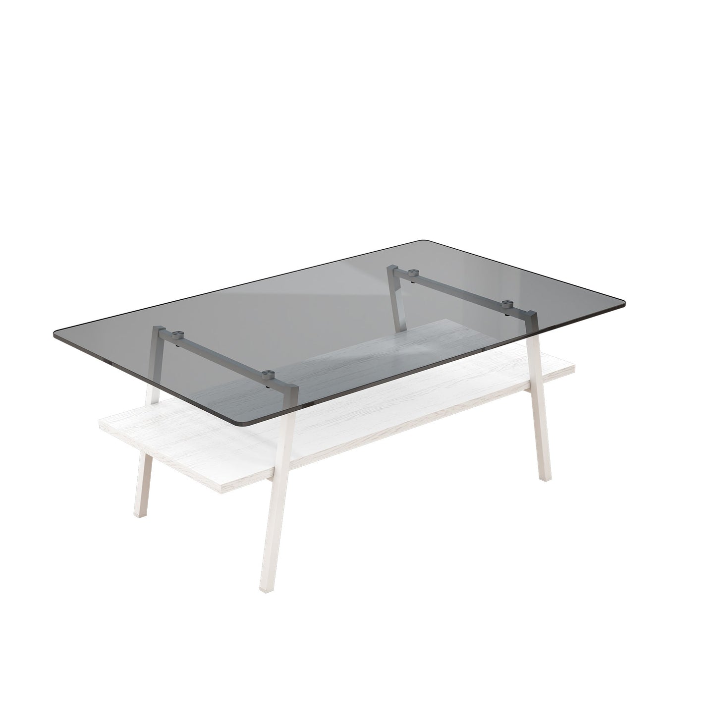 Rectangle Coffee Table, Tempered Glass Tabletop with White Metal Legs, Modern Table for Living Room , Gray Glass