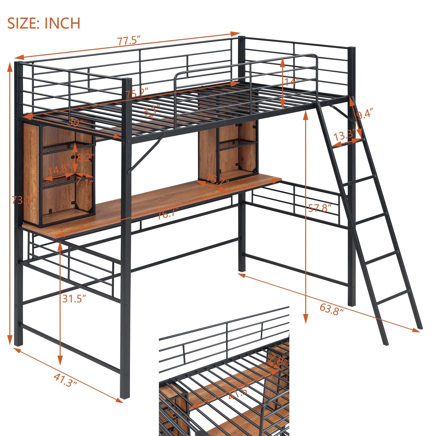 Twin Size Loft Bed with Desk and Shelf , Loft Bed with Ladder,Twin,Black