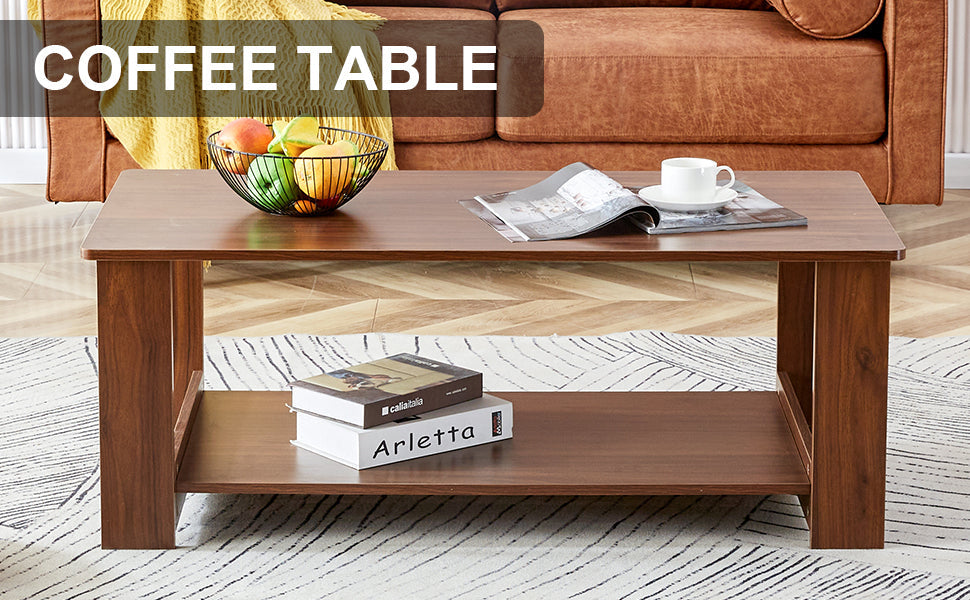 Modern and practical walnut textured coffee tables , tea tables. The double layered coffee table is made of MDF material. Suitable for living room  43.3"*21.6"*16.5"  CT-16