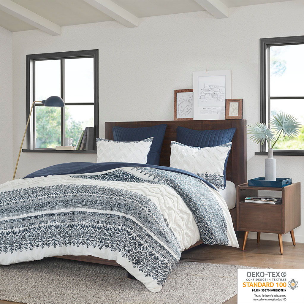 Mila - King 3 Piece Duvet Cover Set With Tufting - Navy