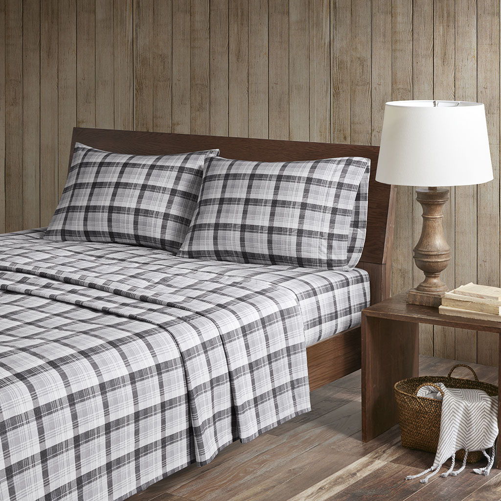 Flannel - King Sheet Set Cotton - Gray Plaid