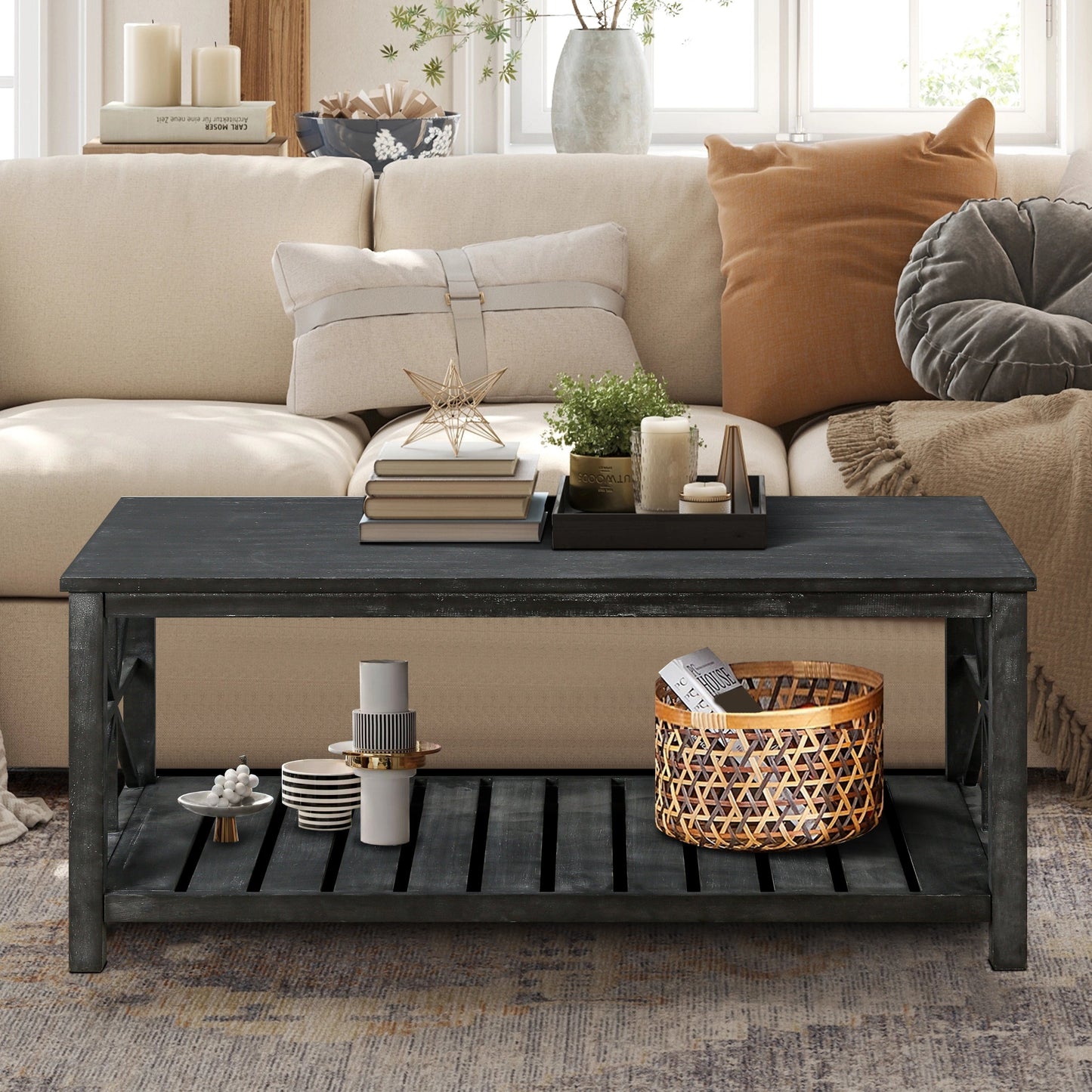 52''W  Handcrafted Coffee Table In Front Of The Sofa Or Loveseat For Living Room(Antique Black Color)