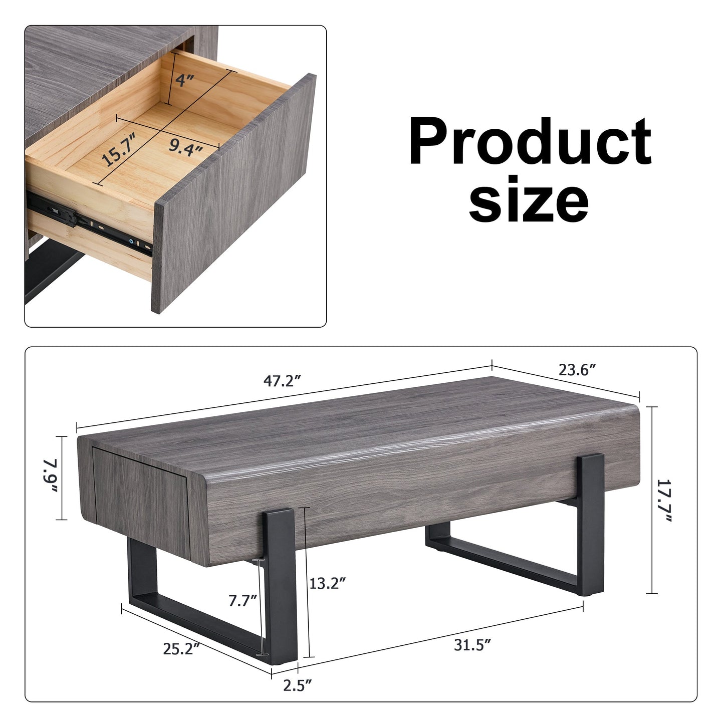 A coffee table made of MDF material. Equipped with drawers made of solid wood material. Can store things and save space. Paired with black metal table legs. Suitable for living room.