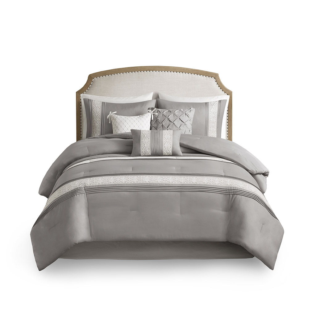 Lacey - 7 Piece King Lace Trim Comforter Set With Throw Pillows - Gray