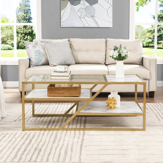 Golden Coffee Table with Storage Shelf, Tempered Glass Coffee Table with Metal Frame for Living Room&Bedroom