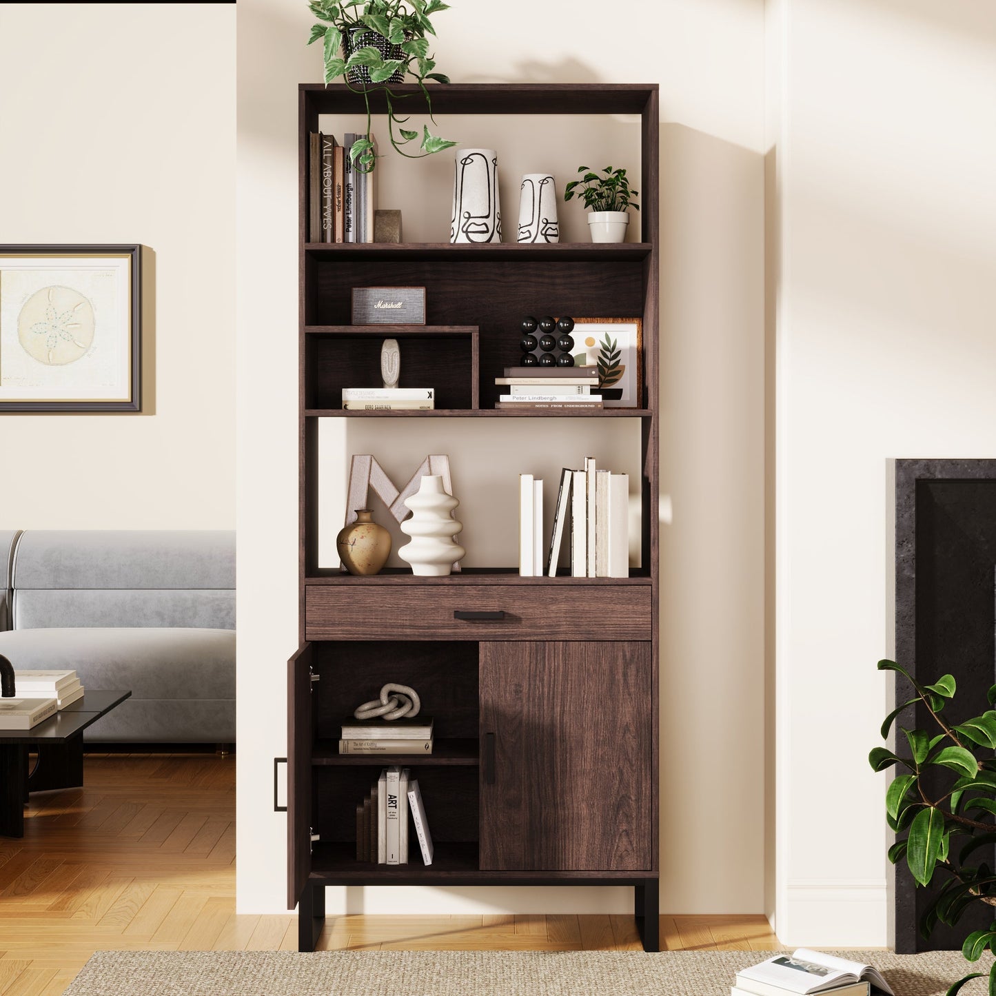 75.9"Modern Open Bookshelf Suite with Doors, Bookcase Suite with Storage drawers and LED Strip Lights,Free Standing Display Rack,Wooden Tall Bookshelf Suite for Living Room and Office, Walnut