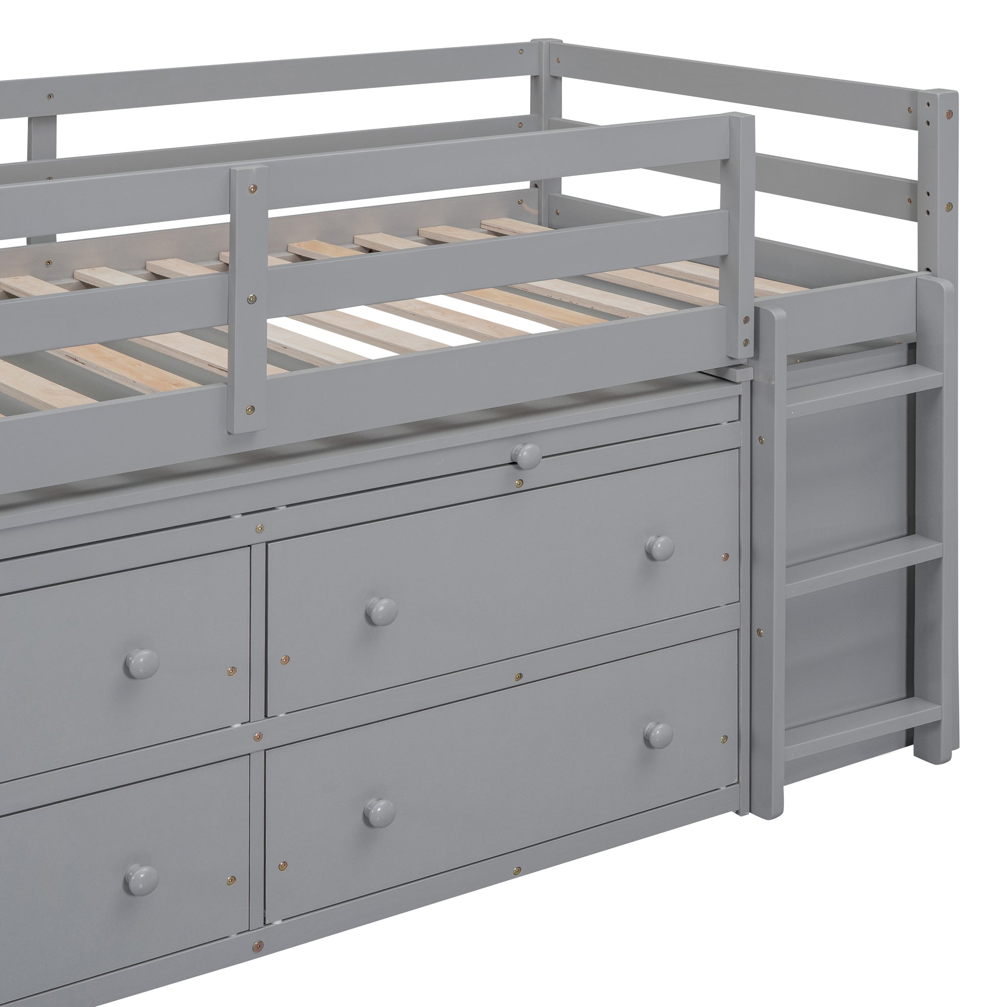 Twin Size Loft Bed with Retractable Writing Desk and 4 Drawers, Wooden Loft Bed with Lateral Portable Desk and Shelves, Gray