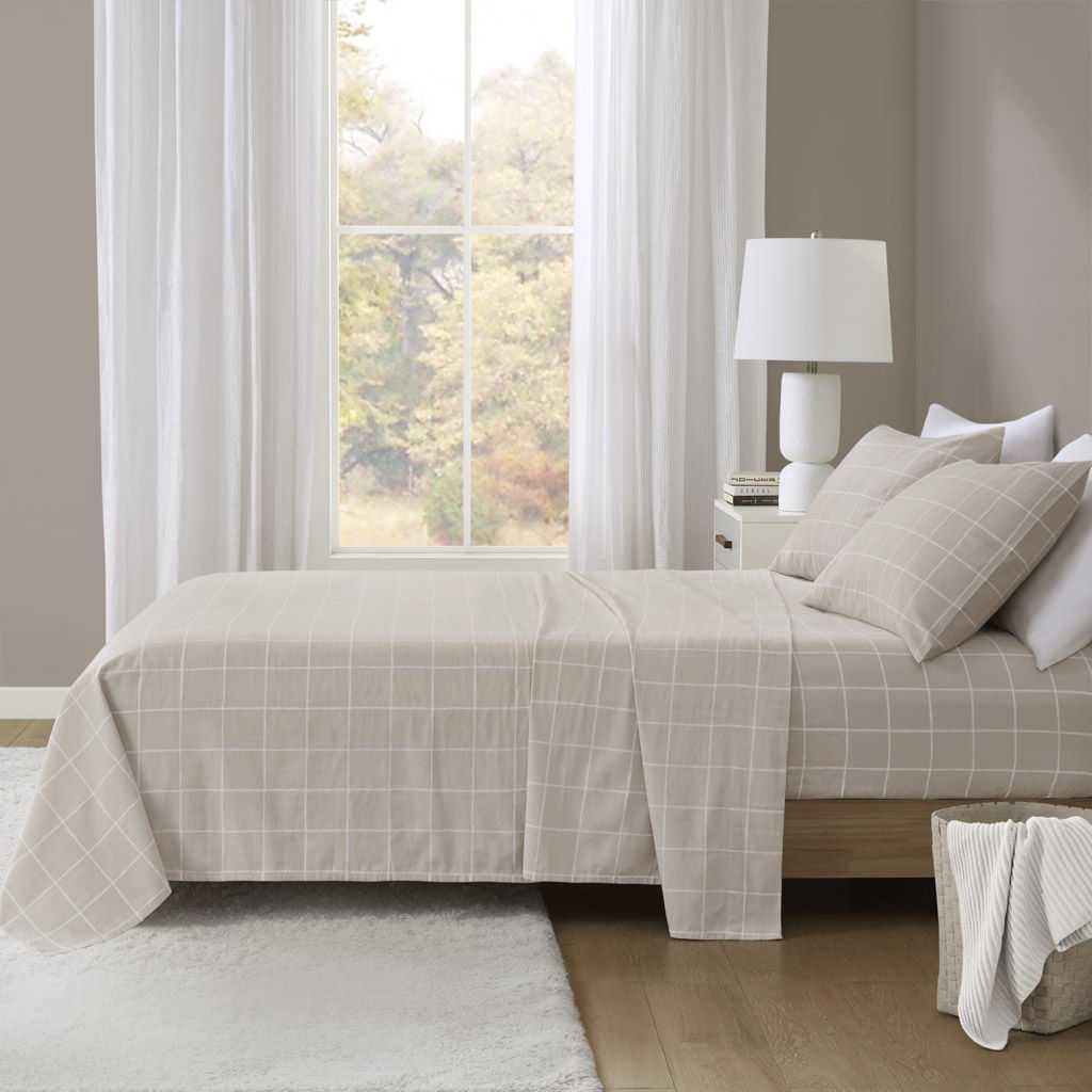 Oversized Flannel - 4 Piece Queen Sheet Set - Beige Windowpane