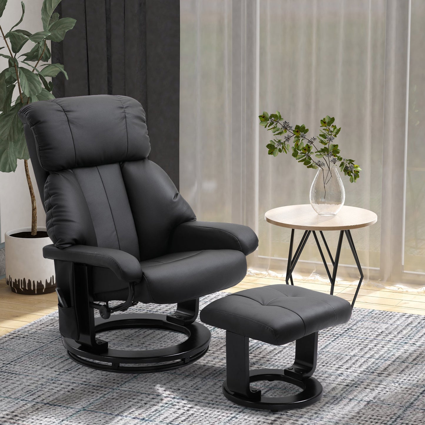 Recliner with Ottoman Footrest, Recliner Chair with Vibration Massage, Faux Leather and Swivel Wood Base for Living Room and Bedroom, Black