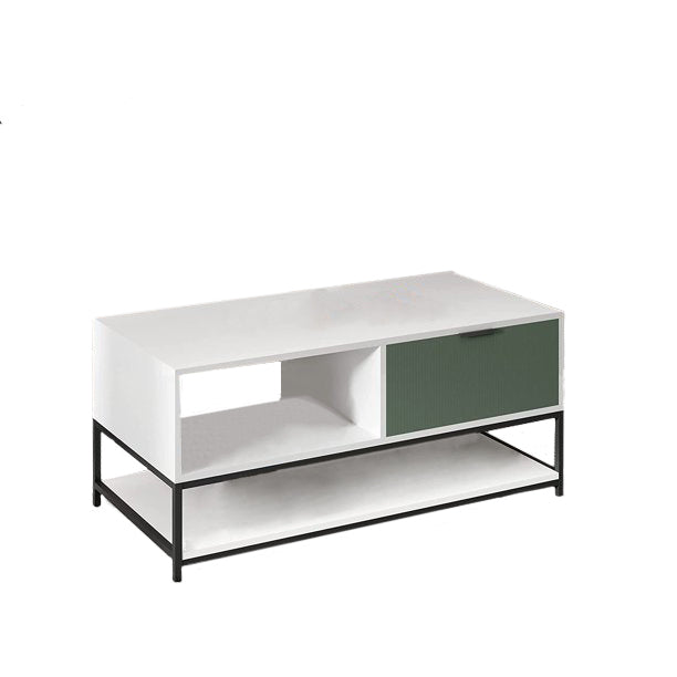 Watson 39" White and Green Wood Coffee Table Steel Frame with Shelves and Drawer