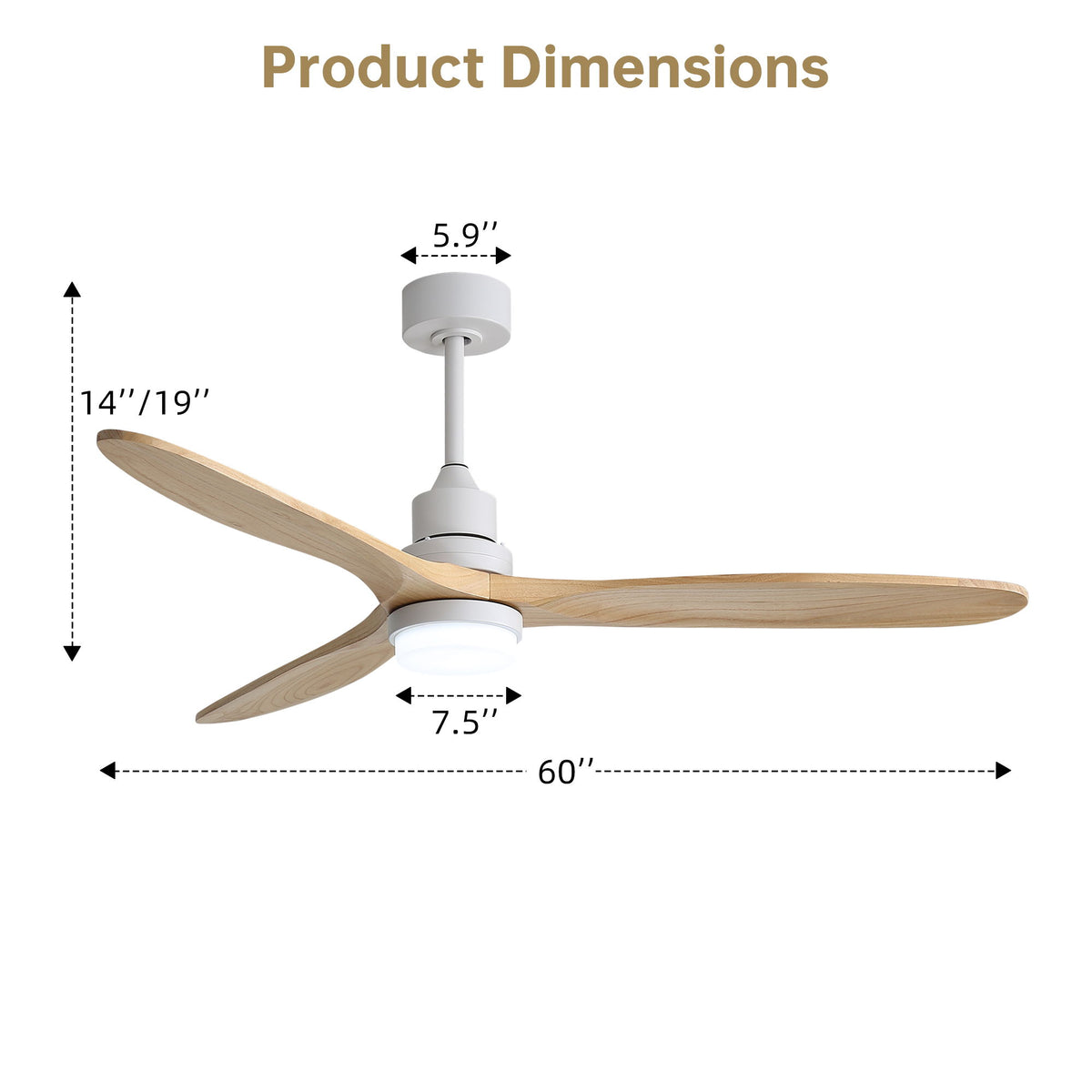 60" DC Motor Ceiling Fan With Light, 3 Blades, 18W LED 3 Color Dimmable With Memory, 6 Speed Lcd Remote Control, Reversible Motor, Timer Setting (1 / 4 / 8 H) - White