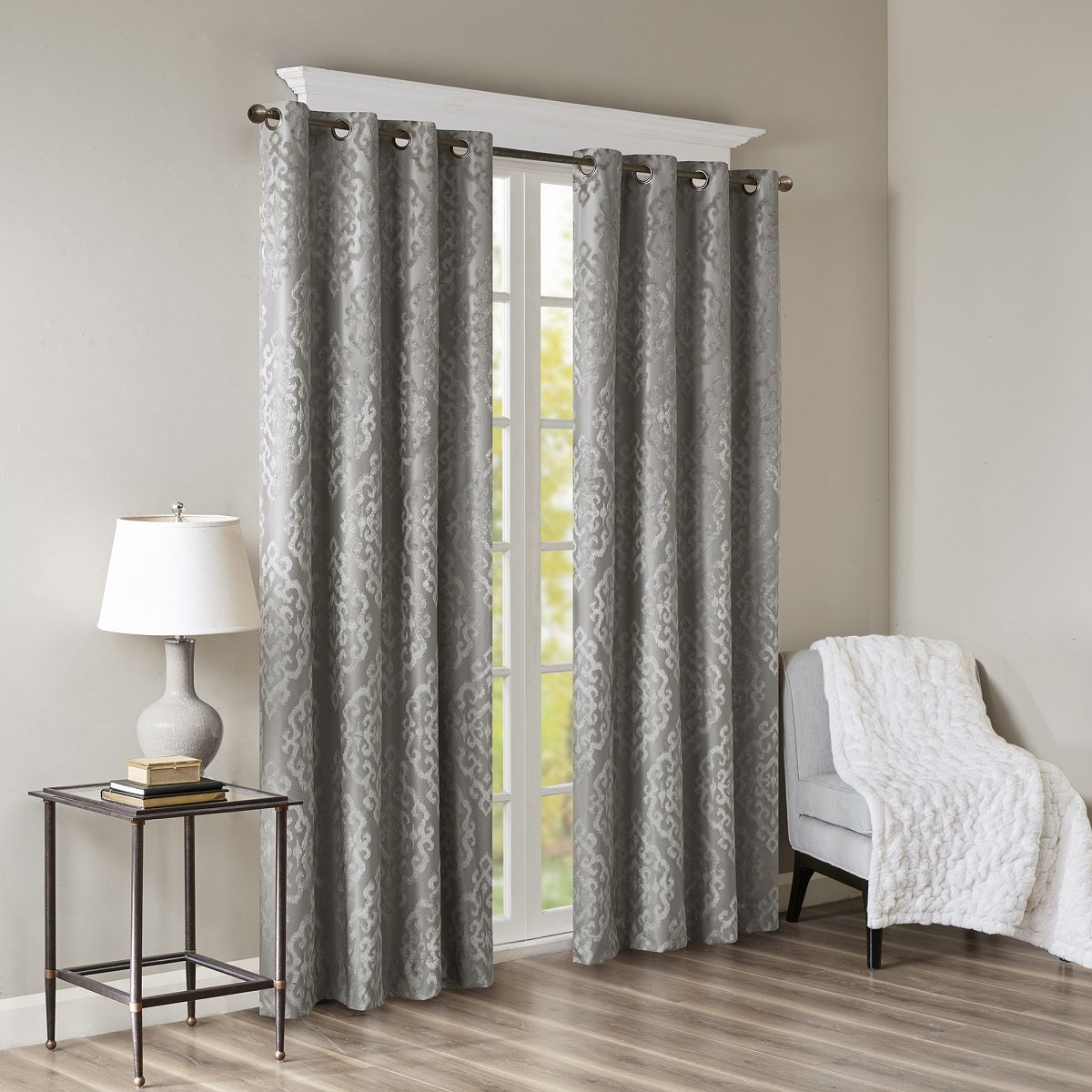 Mirage - 84" Knitted Damask Total Blackout Grommet Top Curtain Panel - Charcoal