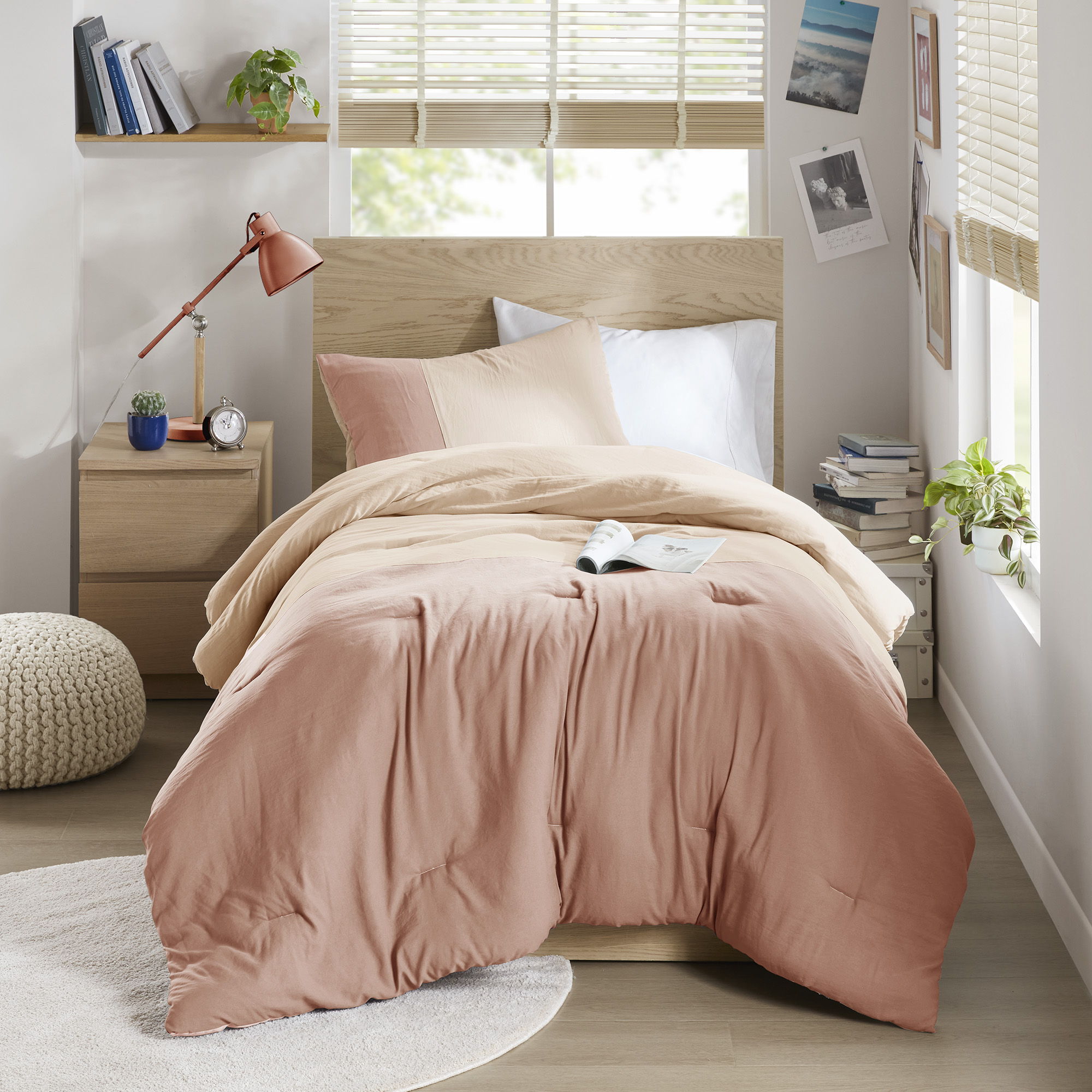 Miro - Twin/Twin Long Soft Washed Block Comforter Set - Pink