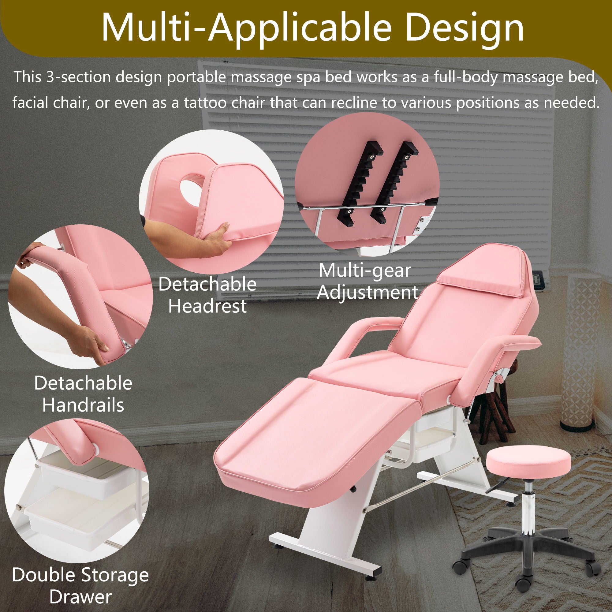 Massage Salon Tattoo Chair With Two Trays Esthetician Bed With Hydraulic Stool, Multi-Purpose 3-Section Facial Bed Table, Adjustable Beauty Barber Spa Beauty Equipment