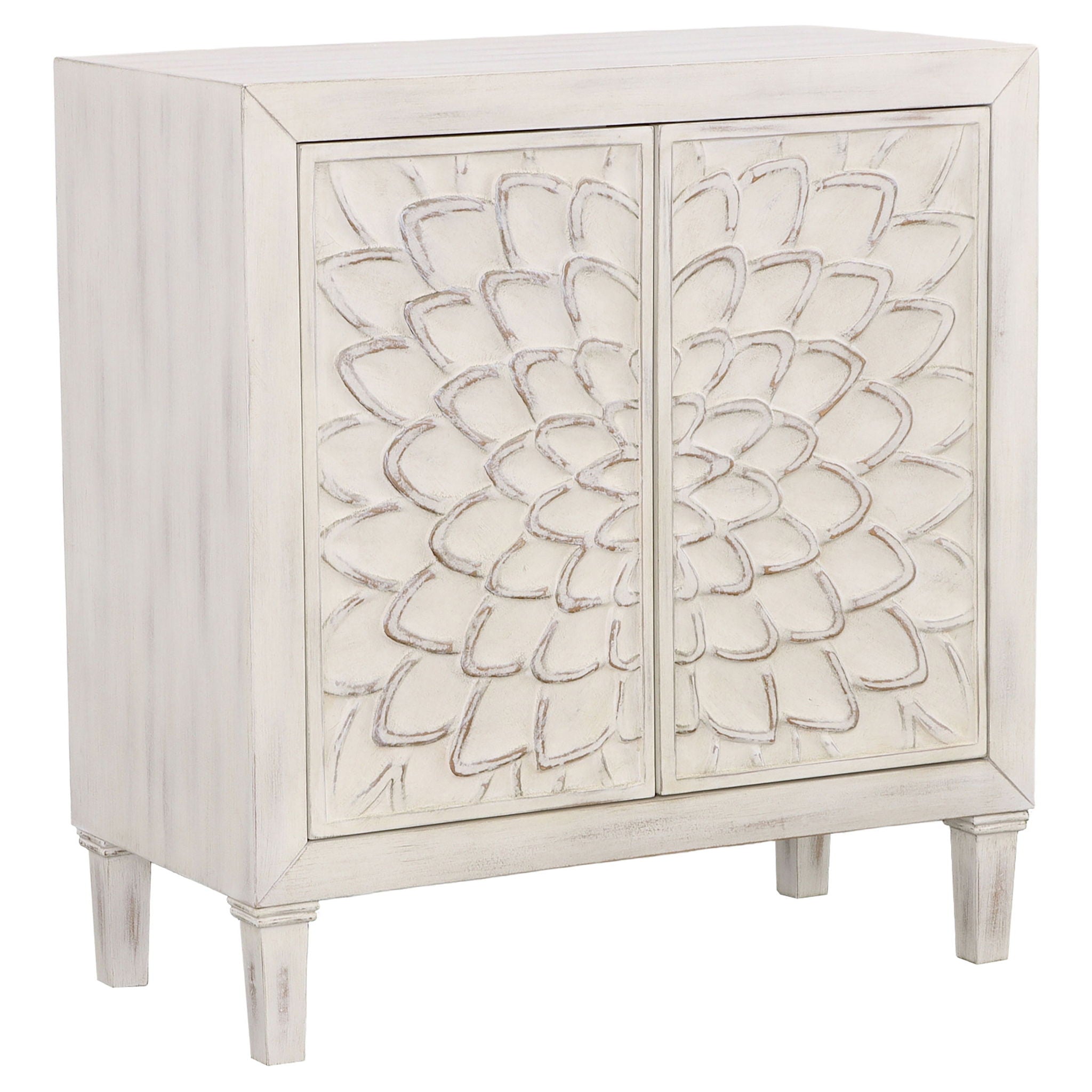 2 Door Accent Cabinet With Floral Carving Storage Furniture - White