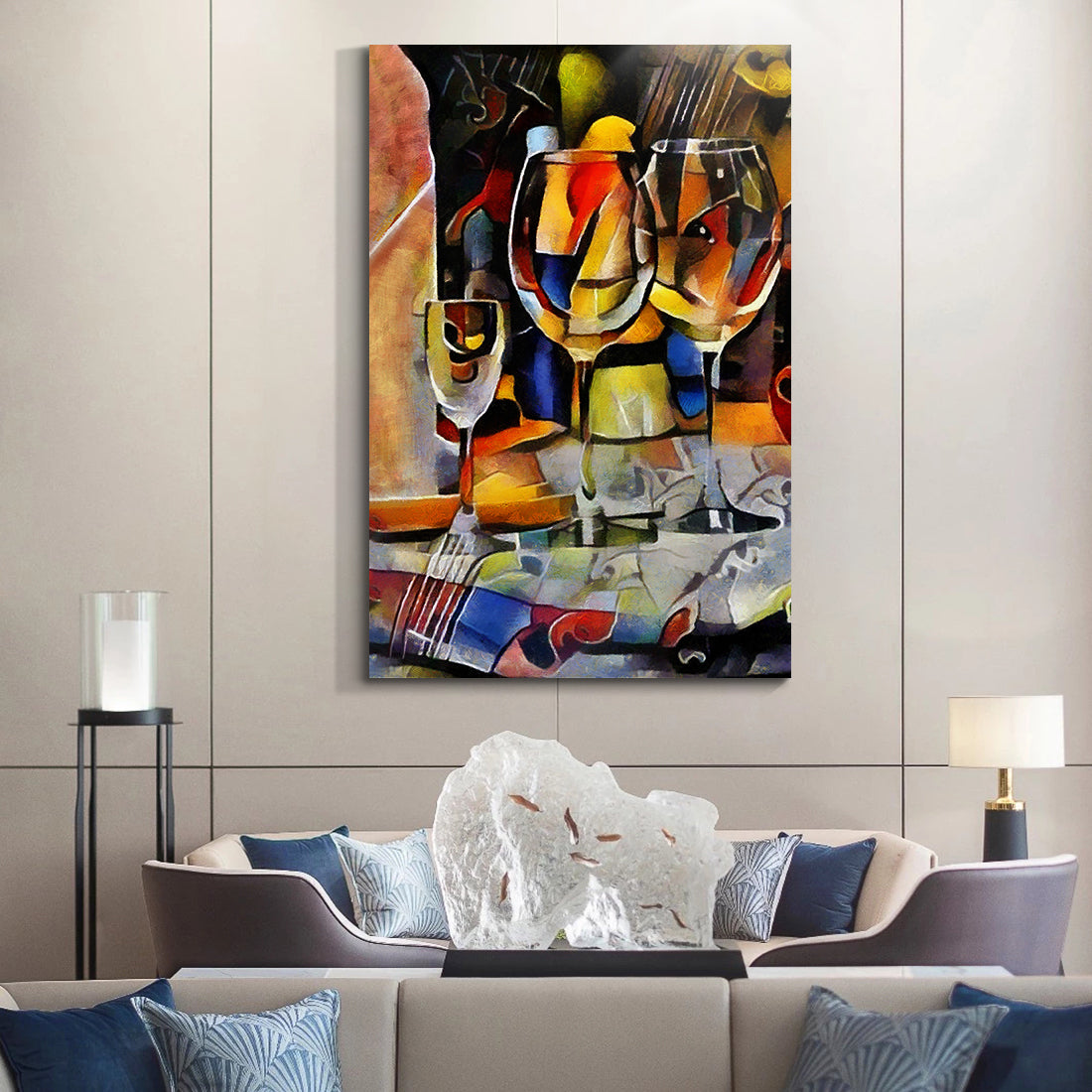 Framed Canvas Wall Art Decor Abstract Style Painting,Wine Bottle with Glasses on Bar Painting Decoration For Bar, Restrant, Kitchen, Dining Room, Office Living Room, Bedroom Decor-Ready To Hang