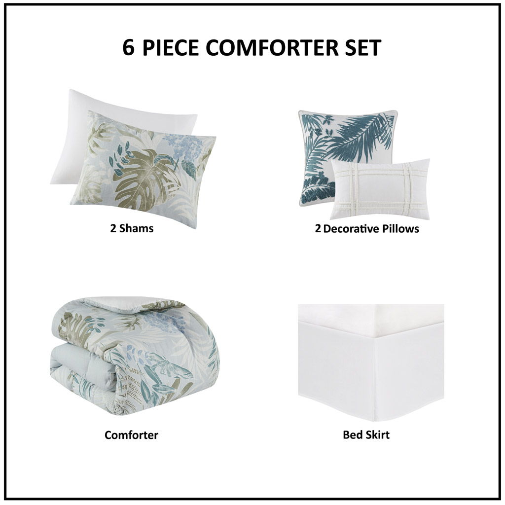 Kiawah Island - 6 Piece Oversized Cotton Comforter Set With Throw Pillow - Light Blue