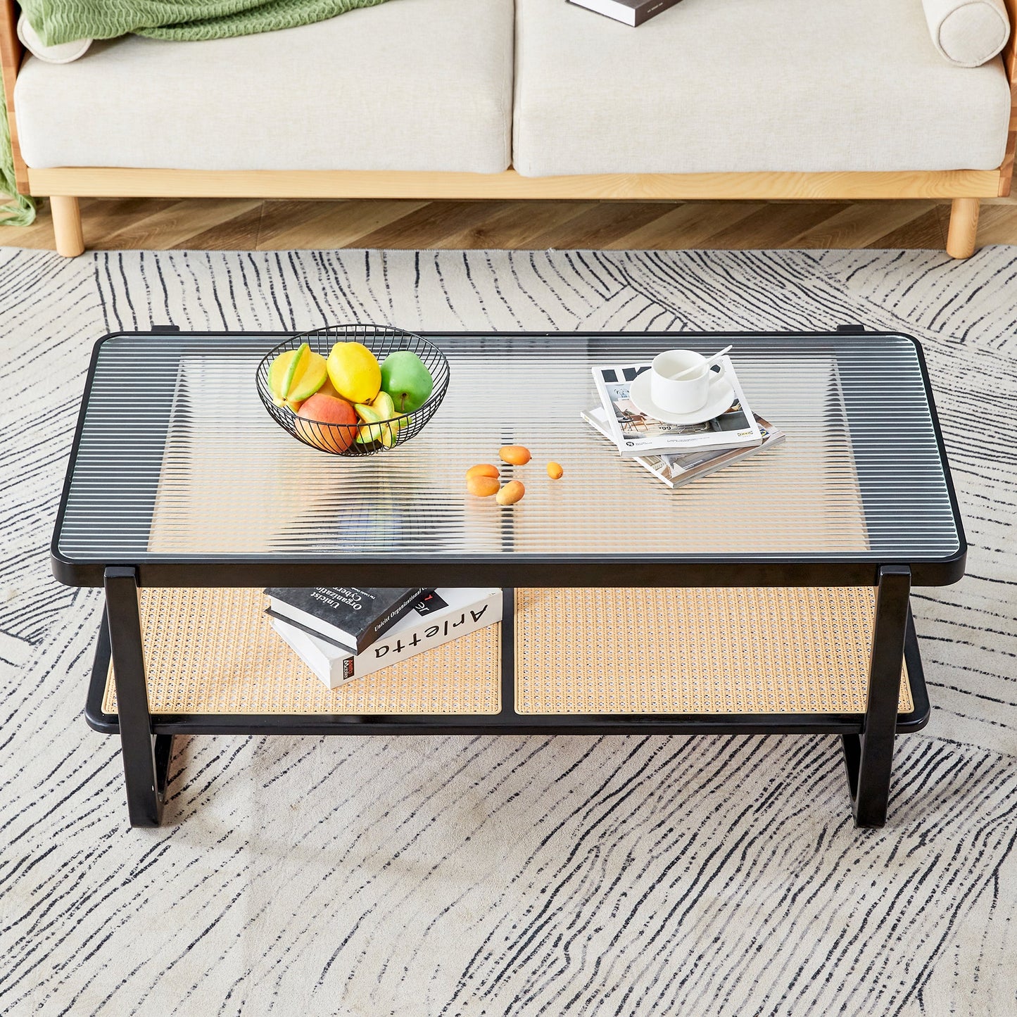 Modern minimalist rectangular double layer black solid wood imitation rattan coffee table with a Chinese style side table with craft glass tabletop, suitable for living rooms, restaurants, bedrooms