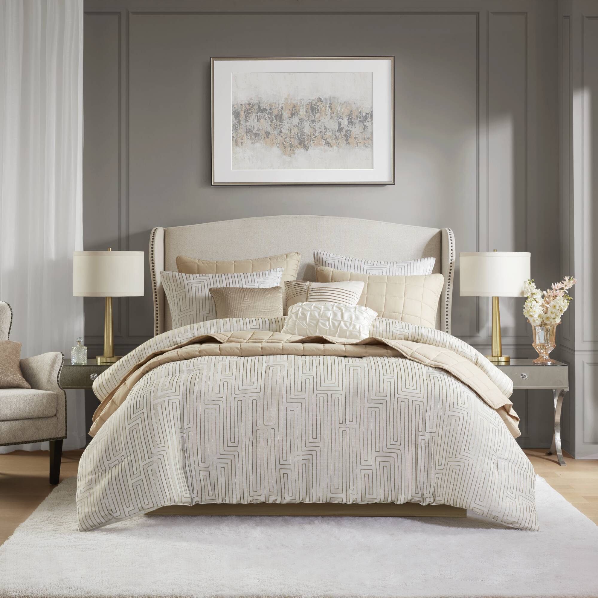 Royce - 10 Piece California King Luxury Comforter Set - Ivory