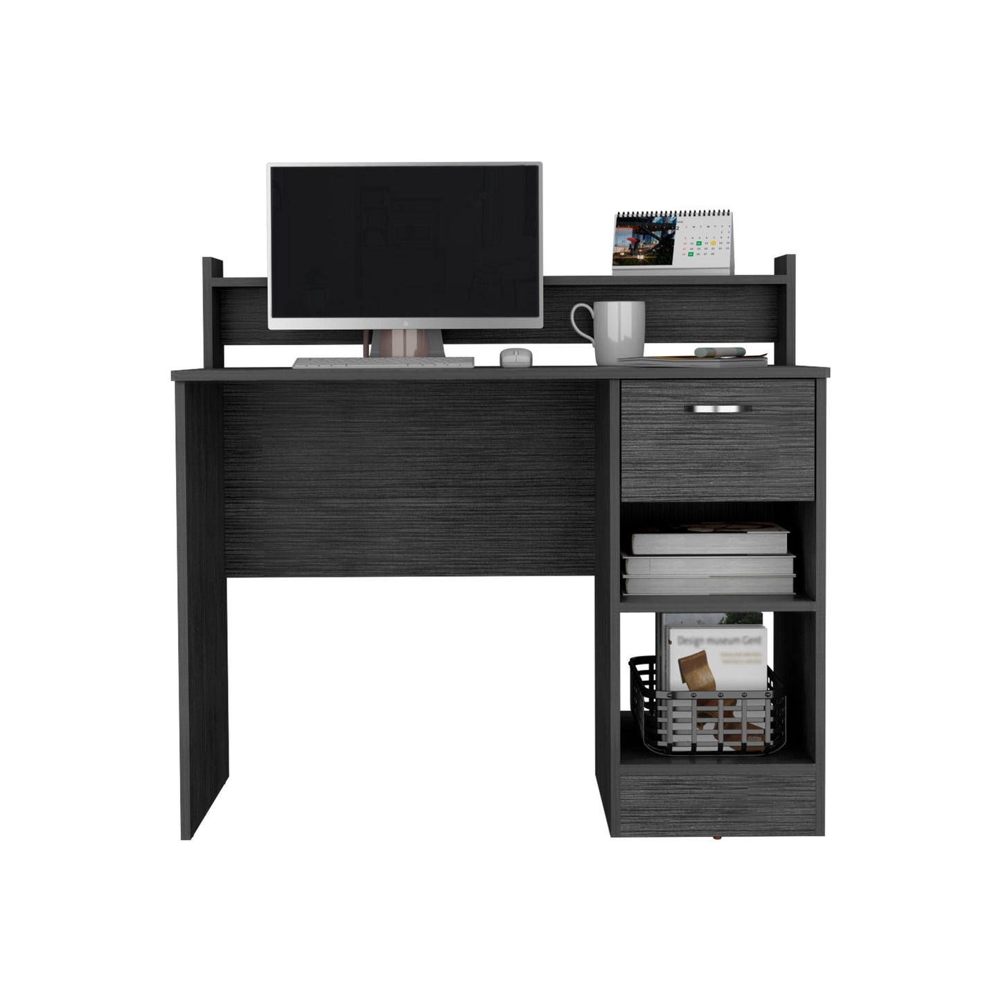 DEPOT E-SHOP Vera Computer Desk with Top Open Shelf, 1-Drawer and 2-Storage Shelves, Smokey Oak