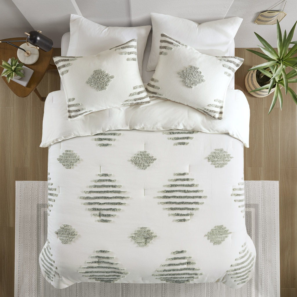 Tahli - 3 Piece Cotton Blend Chenille Comforter Set - Green / Ivory