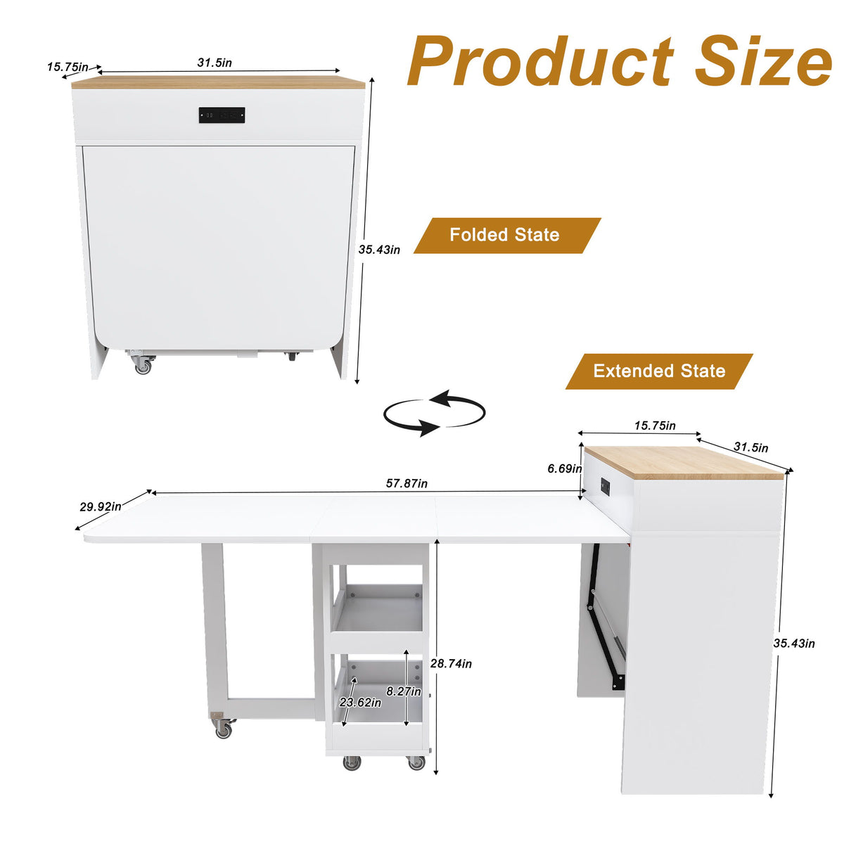 Extendable Dining Table With Power Socket, Lockable Casters, Storage Cabinet