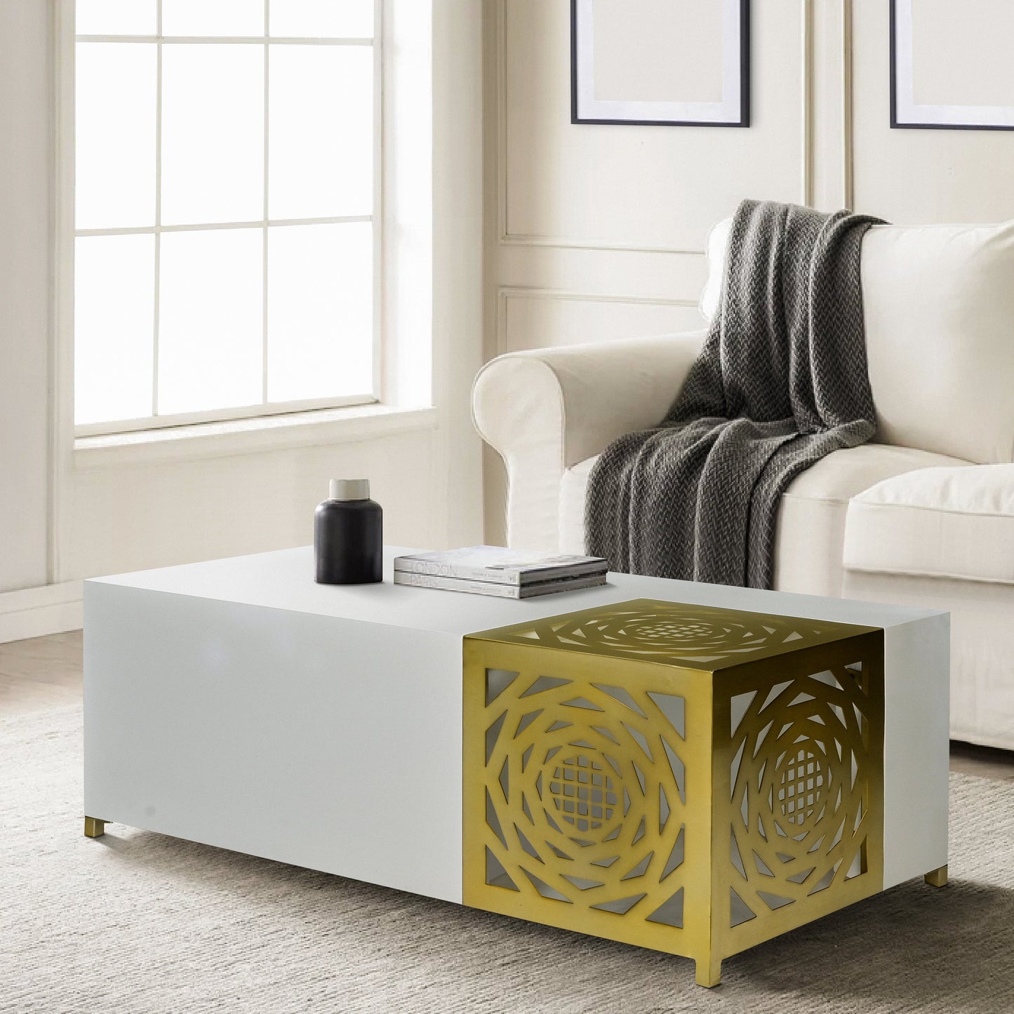 48 Inch Rectangular Modern Coffee Table with Geometric Cut Out Design, White and Brass