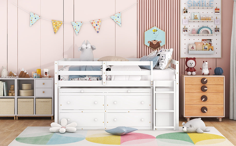 Full Size Loft Bed with Retractable Writing Desk and 4 Drawers, Wooden Loft Bed with Lateral Portable Desk and Shelves, White