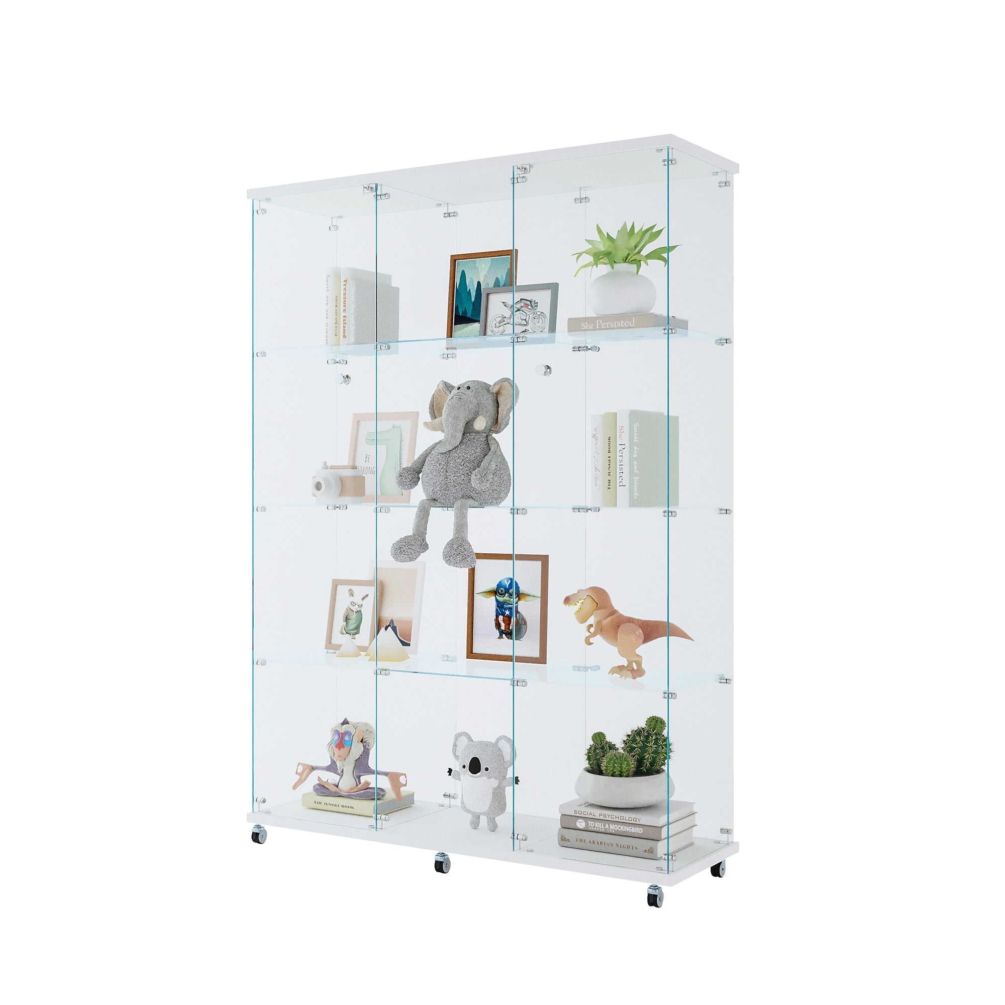 Glass Display Cabinet with 4 Shelves Extra Large, Curio Cabinets for Living Room, Bedroom, Office, Black Floor Standing Glass Bookshelf, Quick Installation