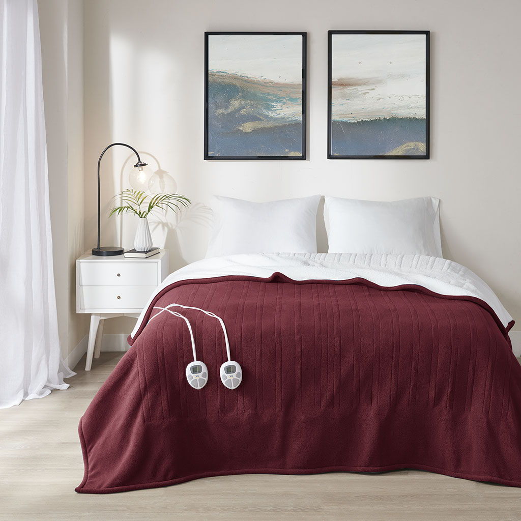 Fleece to Sherpa - Queen Heated Blanket - Burgundy