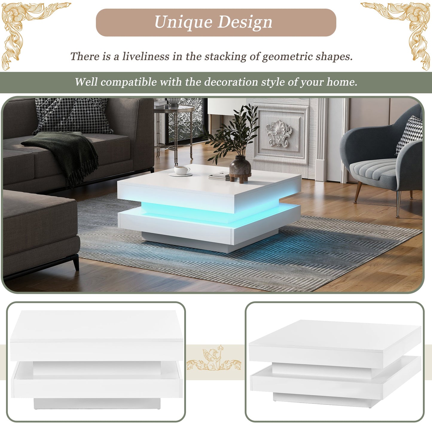 High Gloss Minimalist Design with LED Lights, 2-Tier Square Coffee Table, Center Table for Living Room, 31.5''x31.5''x14.2'', White