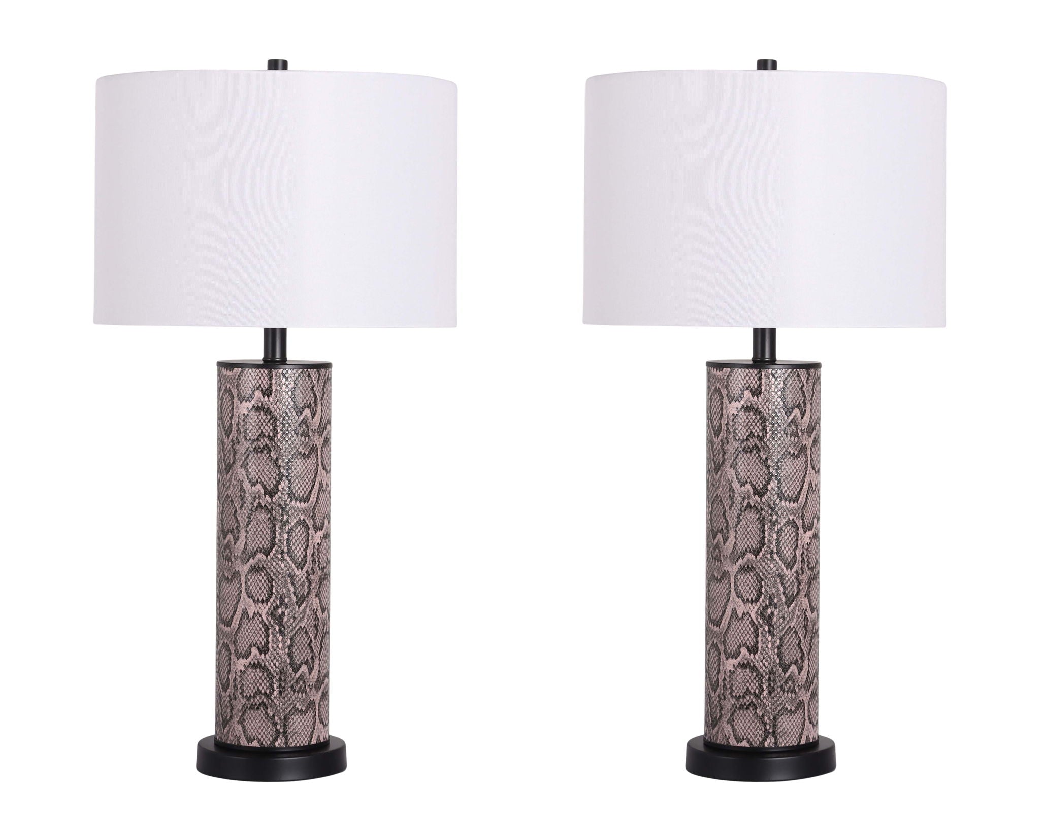 "Serpent Elegance" Faux Leather Table Lamp With Metal Base (Set of 2) - Snake Skin / Asb Gray