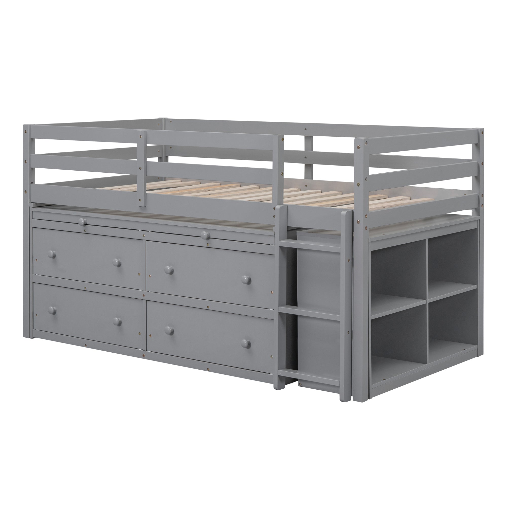 Twin Size Loft Bed with Retractable Writing Desk and 4 Drawers, Wooden Loft Bed with Lateral Portable Desk and Shelves, Gray