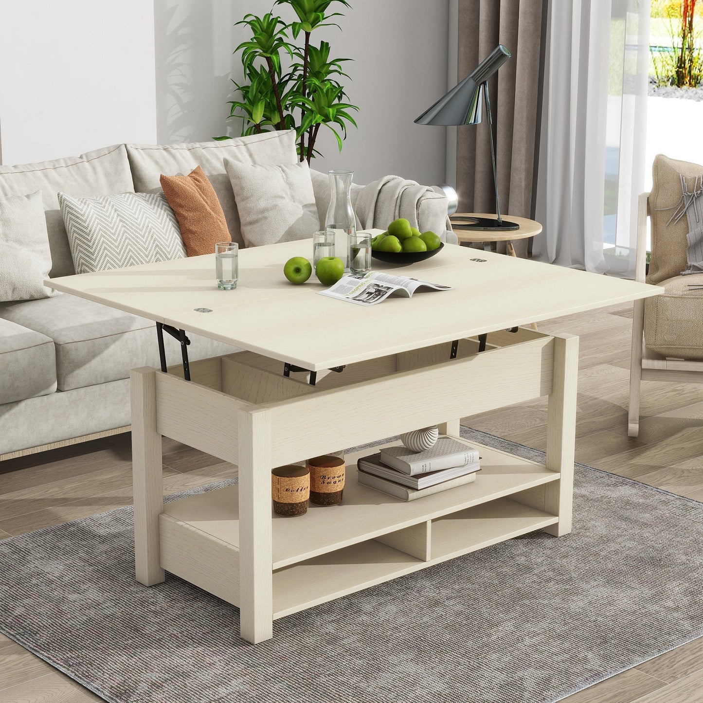 Lift Top Coffee Table, Multi-Functional Coffee Table with Open Shelves, Modern Lift Tabletop Dining Table for Living Room, Home Office, Rustic Ivory