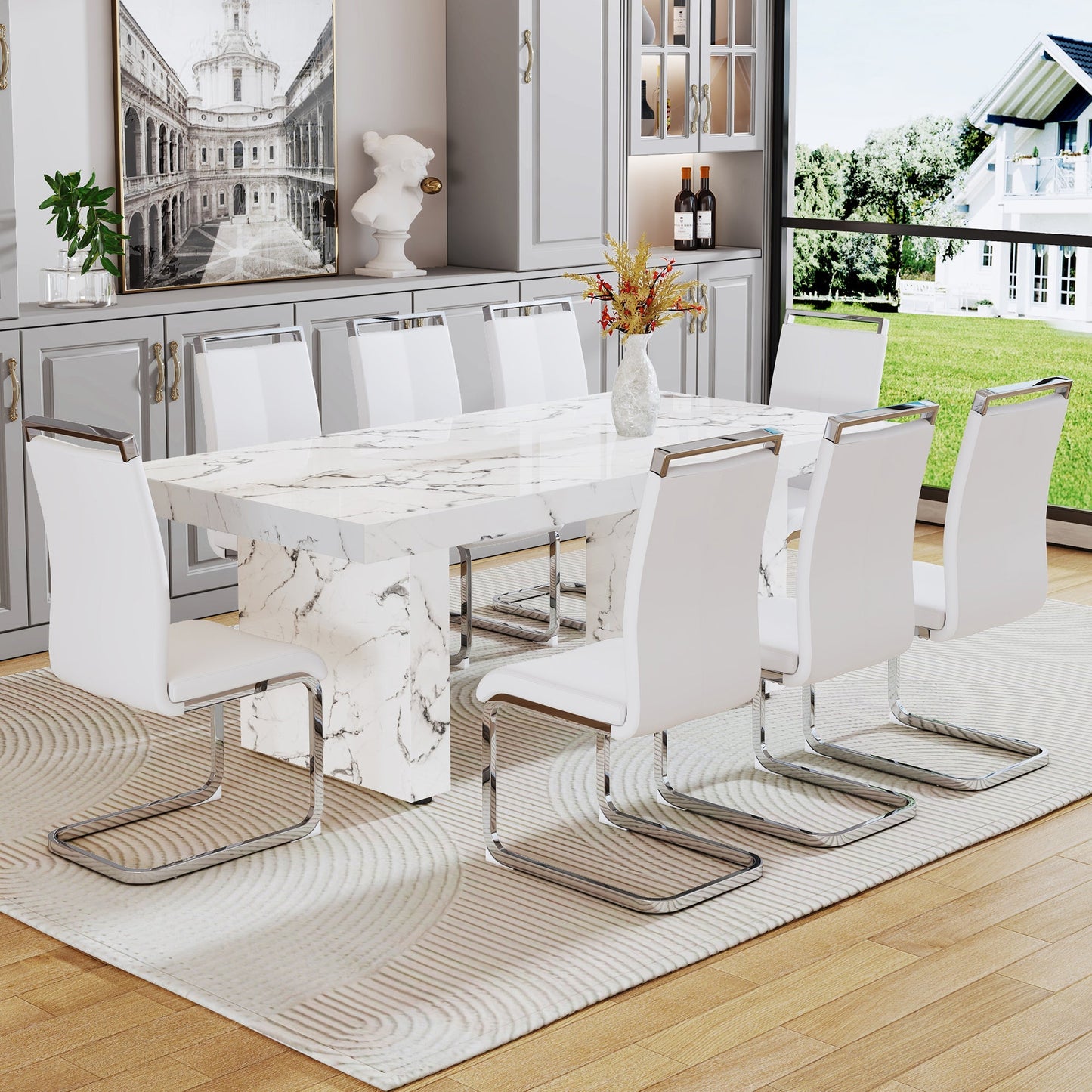 Modern rectangular dining table, office desk. MDF material. The white kitchen dining table has patterns and is suitable for 8-10 people.