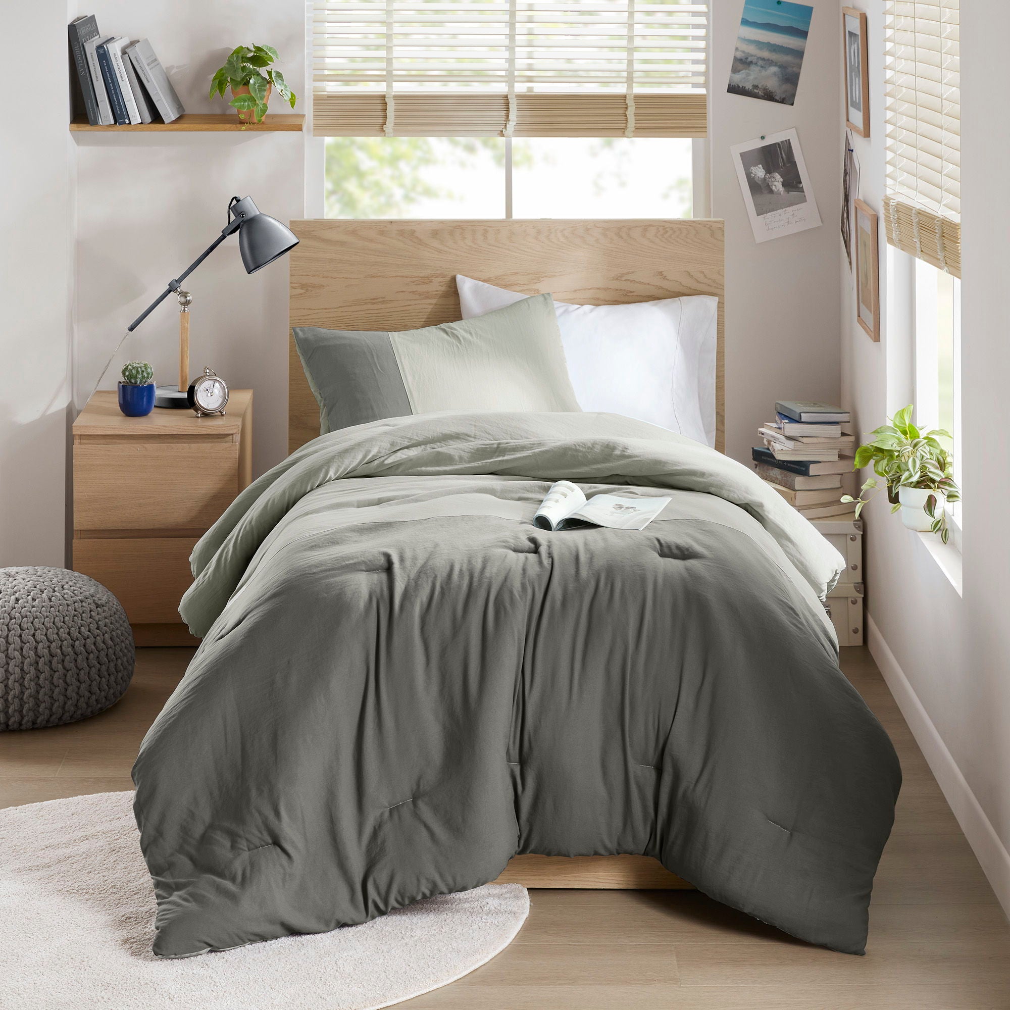 Miro - Twin/Twin Long Soft Washed Block Comforter Set - Gray