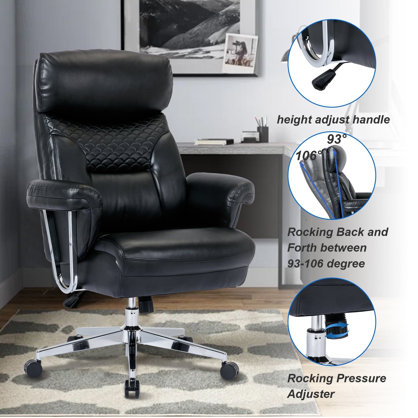 High Back Executive Office Chair 300lbs-Ergonomic Leather Computer Desk Chair , Thick Bonded Leather Office Chair for Comfort and Lumbar Support, Adjustable Rock Back Tension(black)