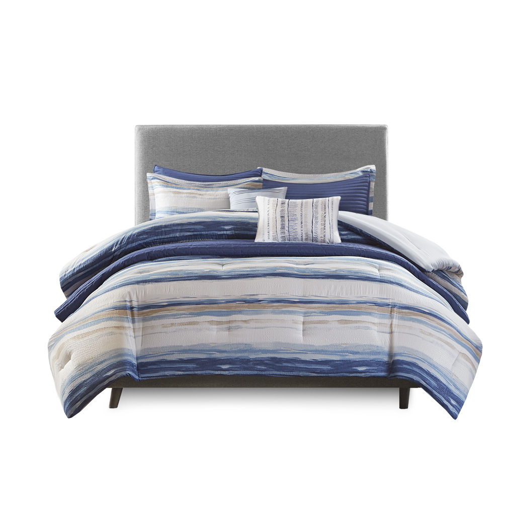Marina - King 8 Piece Printed Comforter And Coverlet Set Collection - Blue