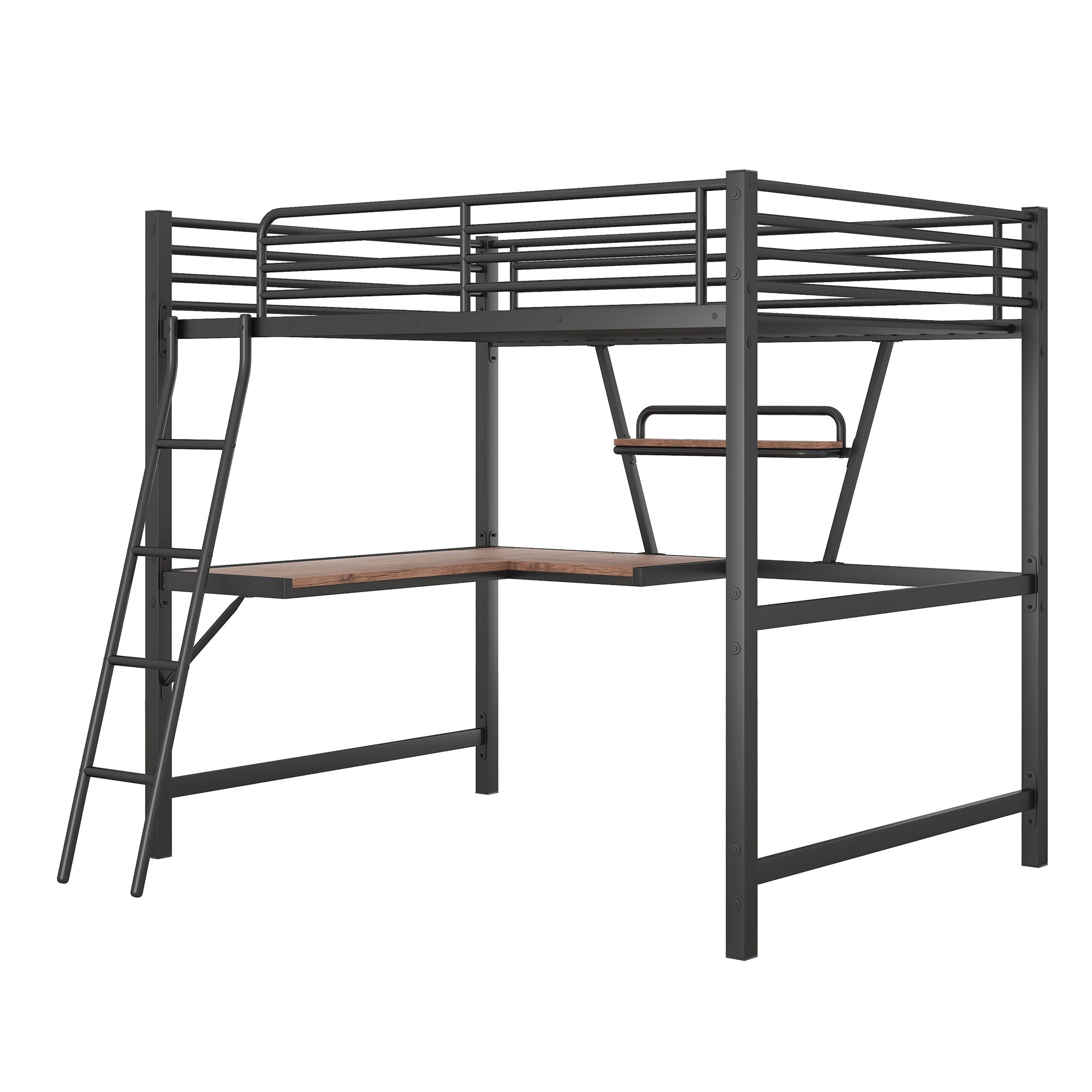 Full Size Loft Metal&MDF Bed with Desk and Shelf, Black