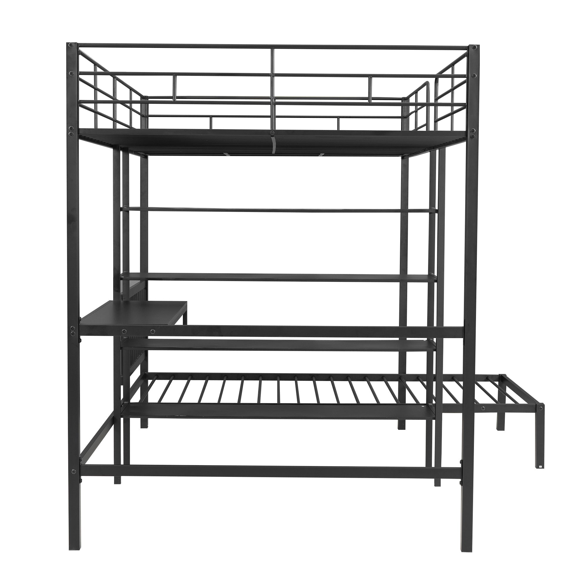 Full Over Twin Metal Bunk Bed with Built-in Desk, Shelves and Ladder, Black