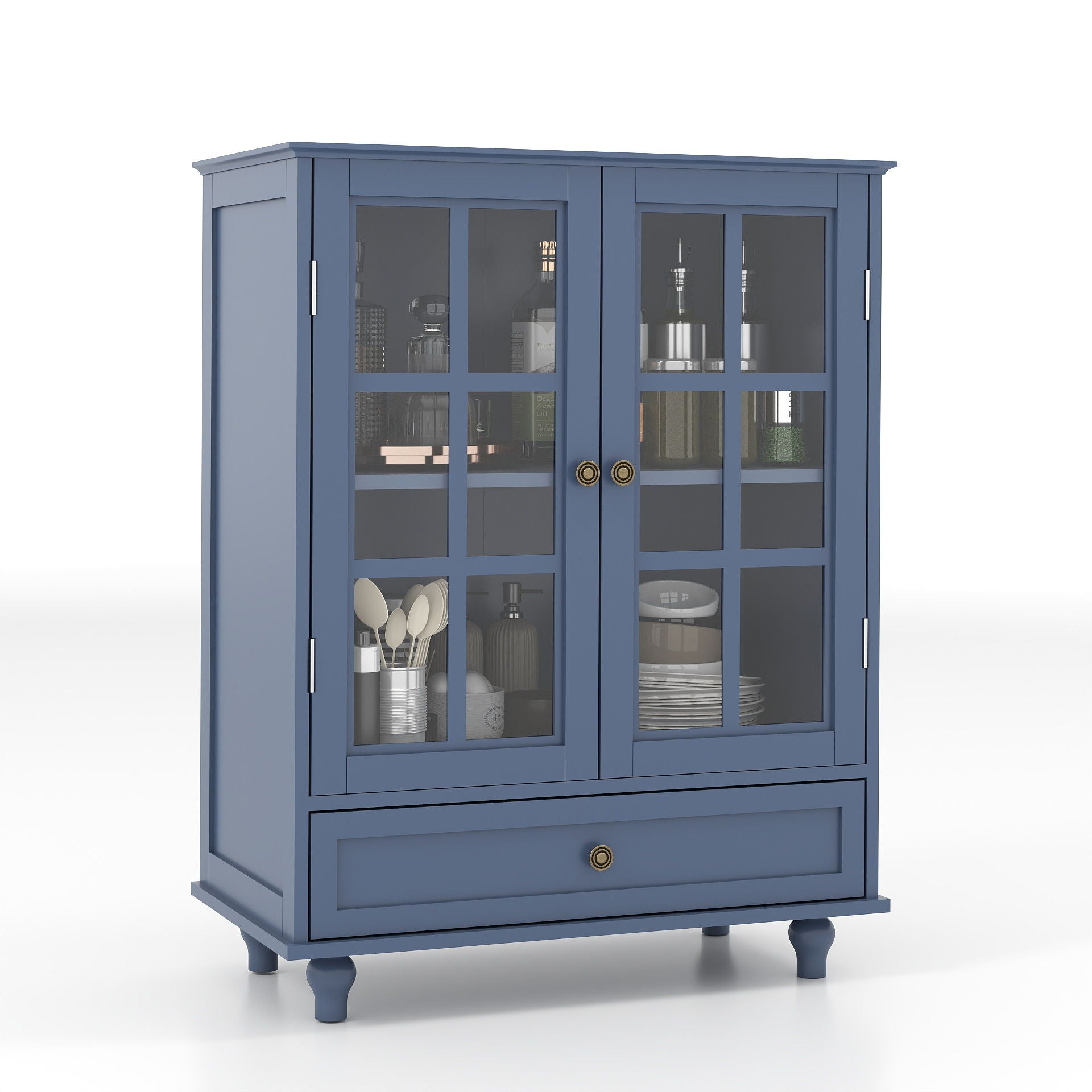 Minimalist Buffet Cabinet With Double Glass Doors And Drawer