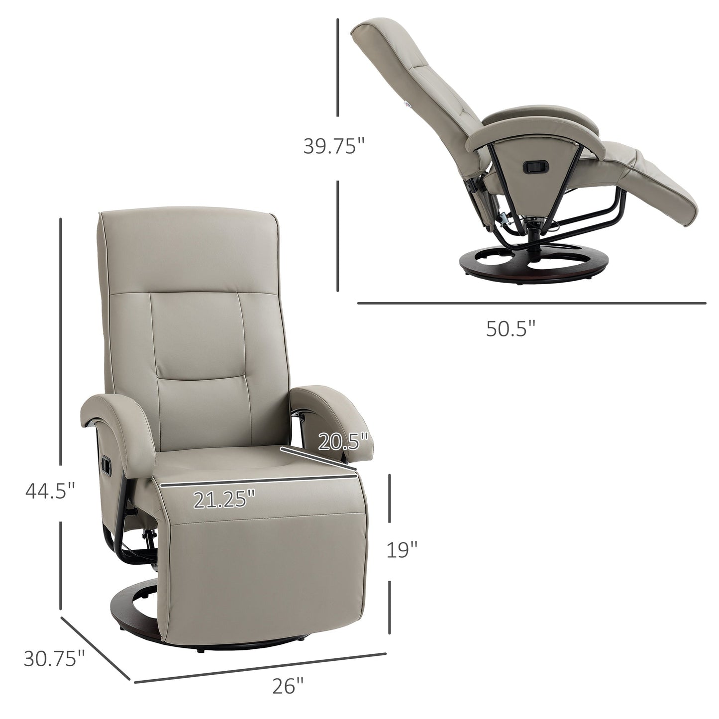 HOMCOM PU Recliner with Footrest, Lounge Chair with 135° Adjustable Backrest, Swivel Wood Base, Padded Seat & Armrests for Living Room, Gray