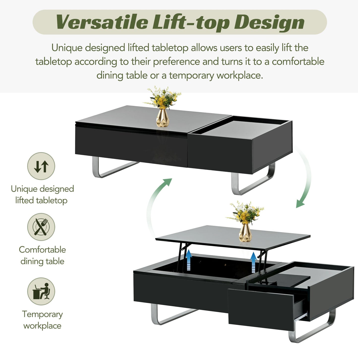 Multi-functional Coffee Table with Lifted Tabletop, Contemporary Cocktail Table with Metal Frame Legs, High-gloss Surface Dining Table for Living Room, Black