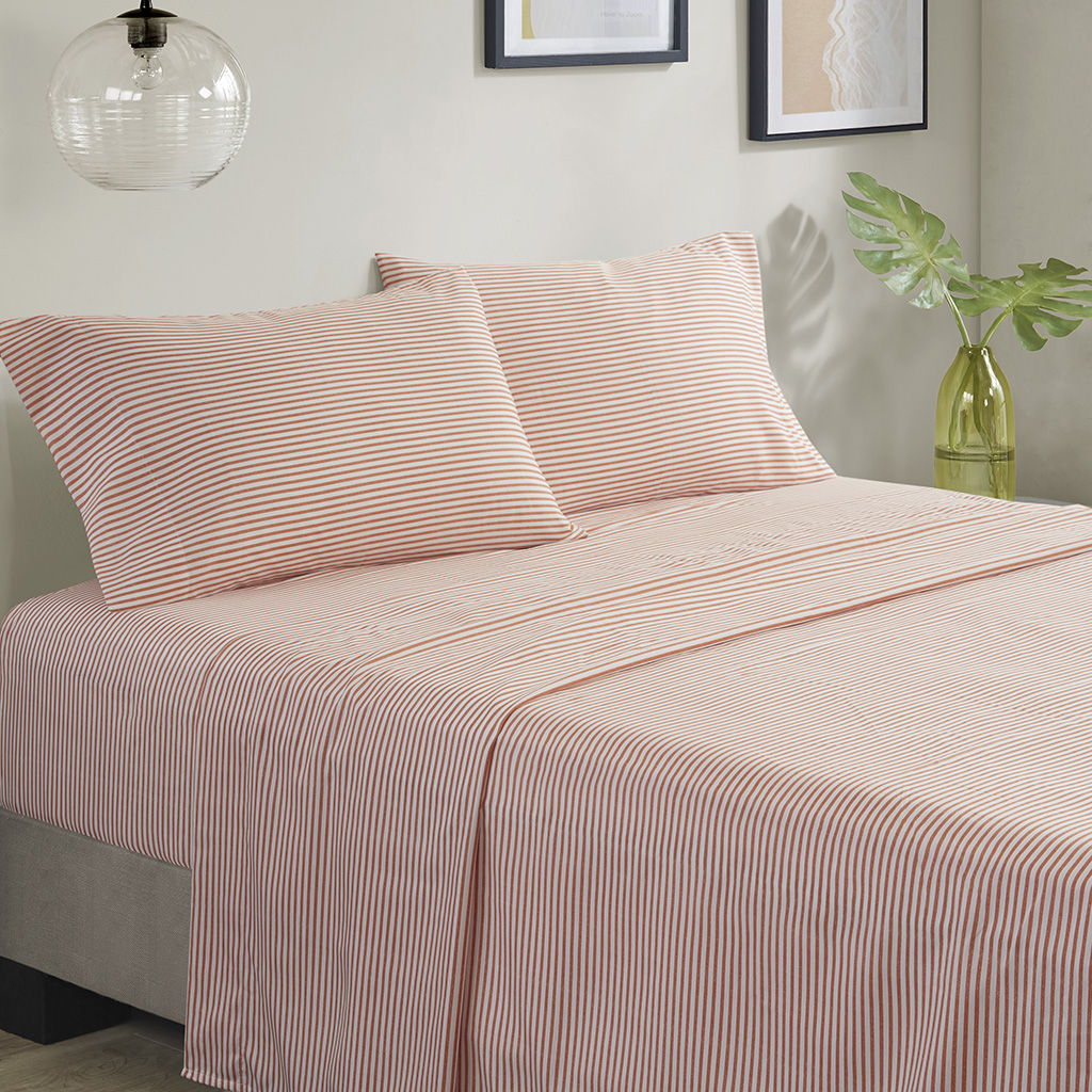 Jaxon - 7 Piece Full Stripe Comforter Set With Bed Sheets - Coral / Gray