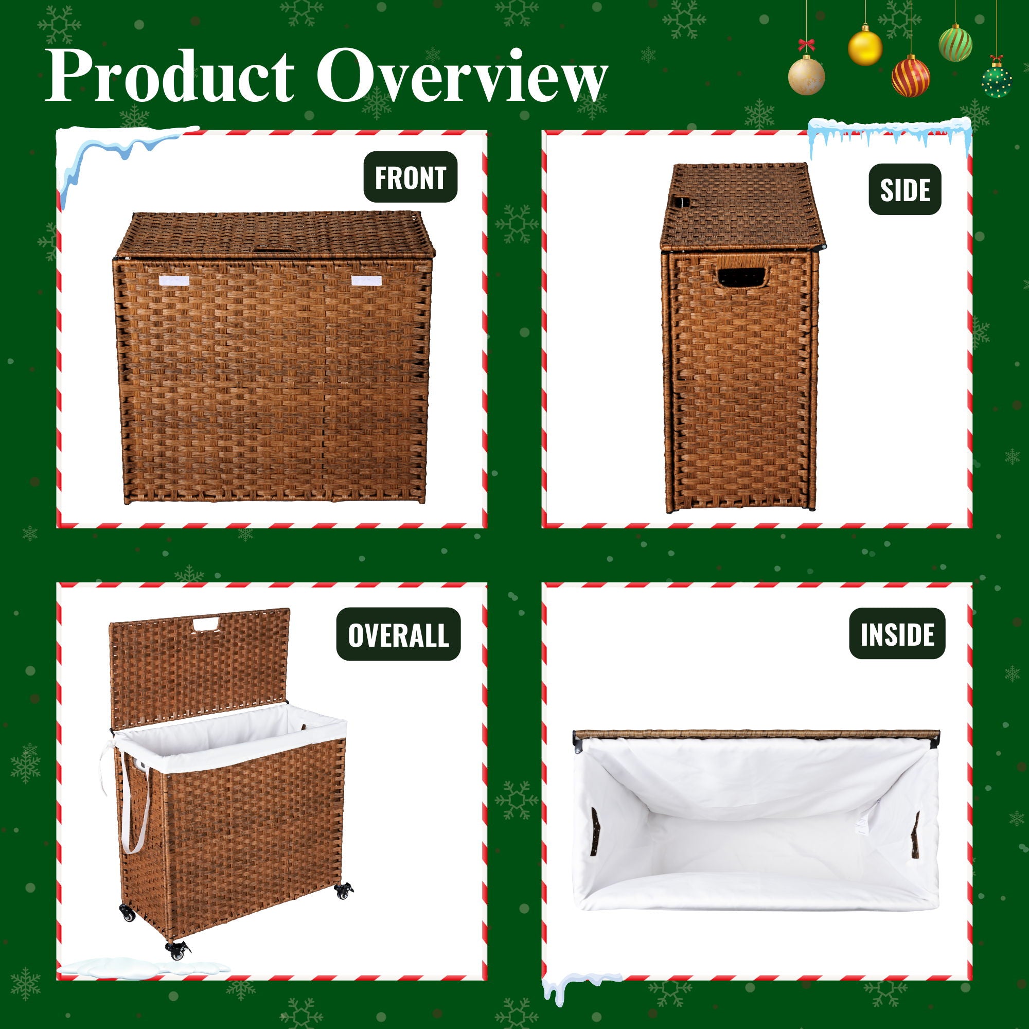 Laundry Hamper With Lid PE Rattan Powder Coating Frame Clothes Hampers With 2 Removable Bags