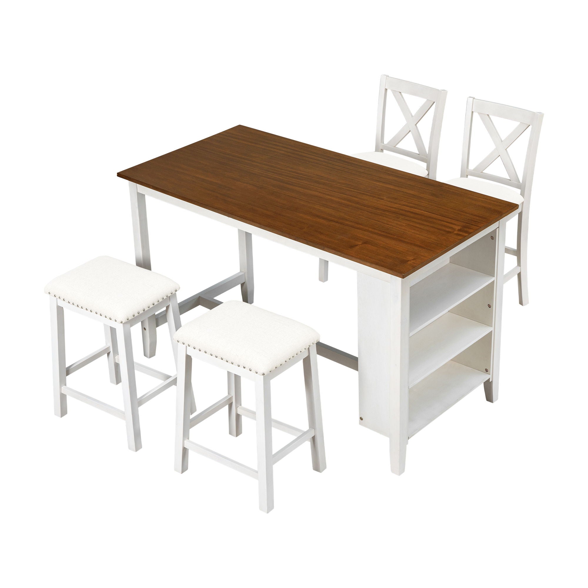 5 Pieces Counter Height Rustic Farmhouse Dining Room Wooden Bar Table Set With 2 Stools And 2 Chairs