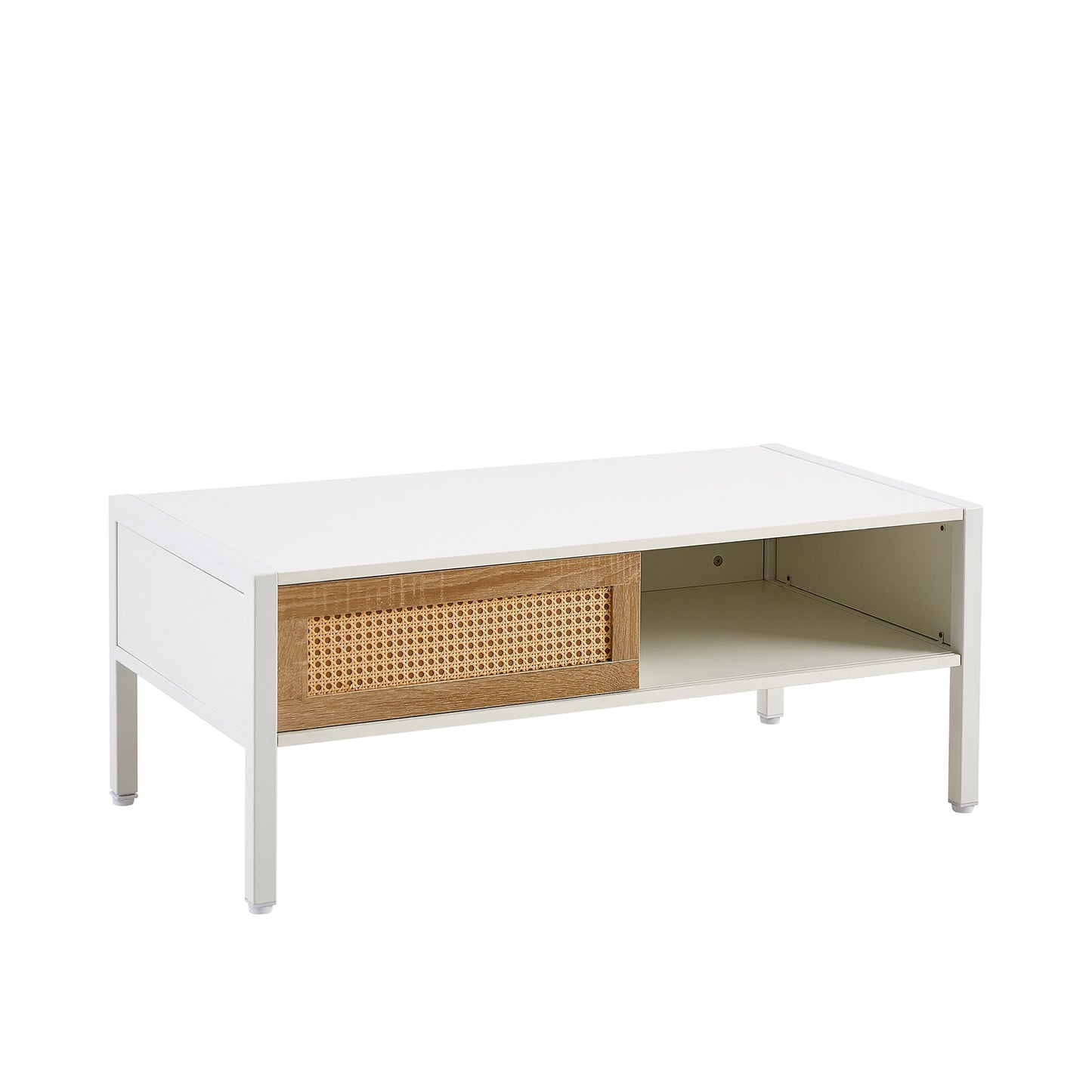 40.16" Rattan Coffee table, sliding door for storage, metal legs, Modern table  for living room , white