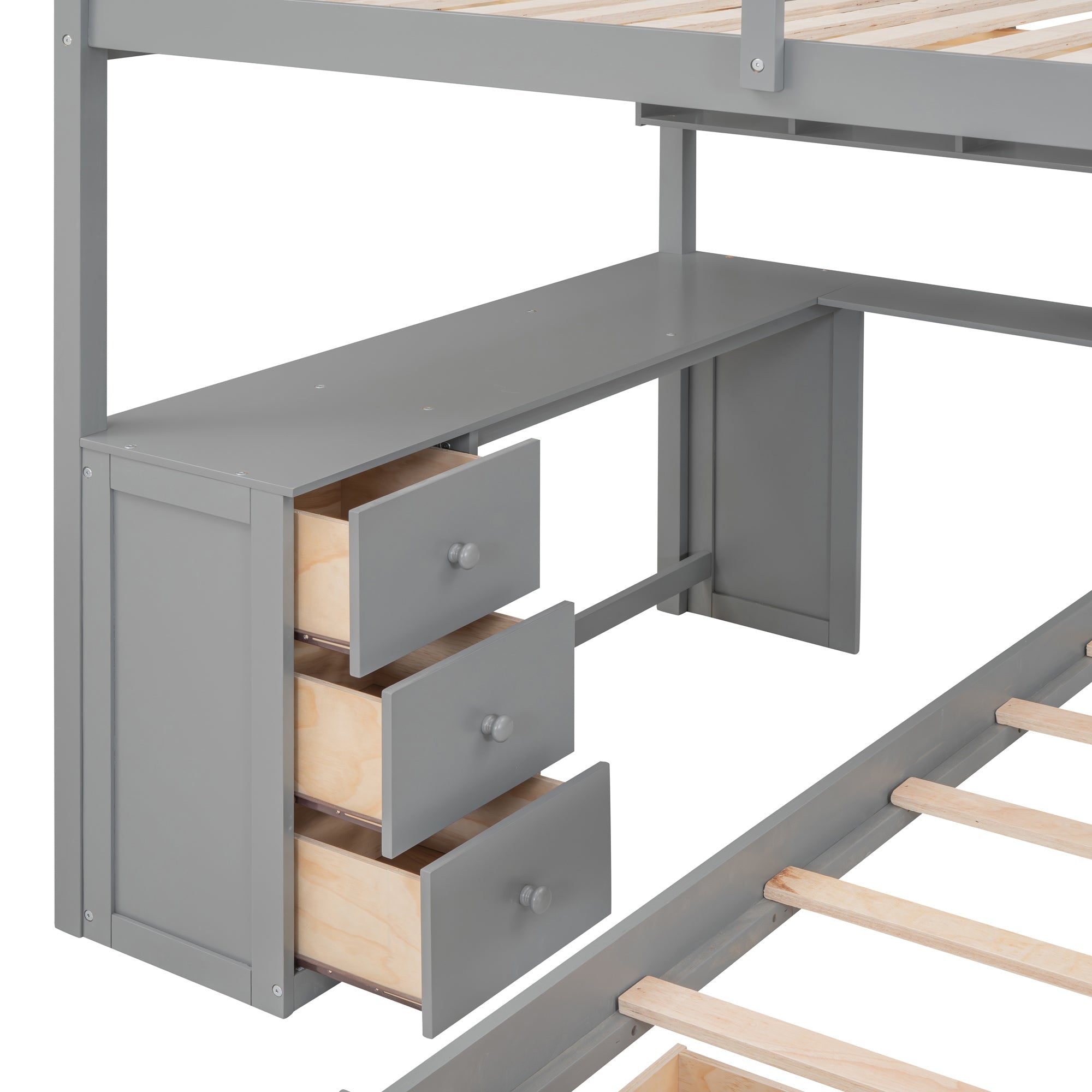 Full Over Twin Bunk Bed with Desk, Drawers and Shelves, Gray