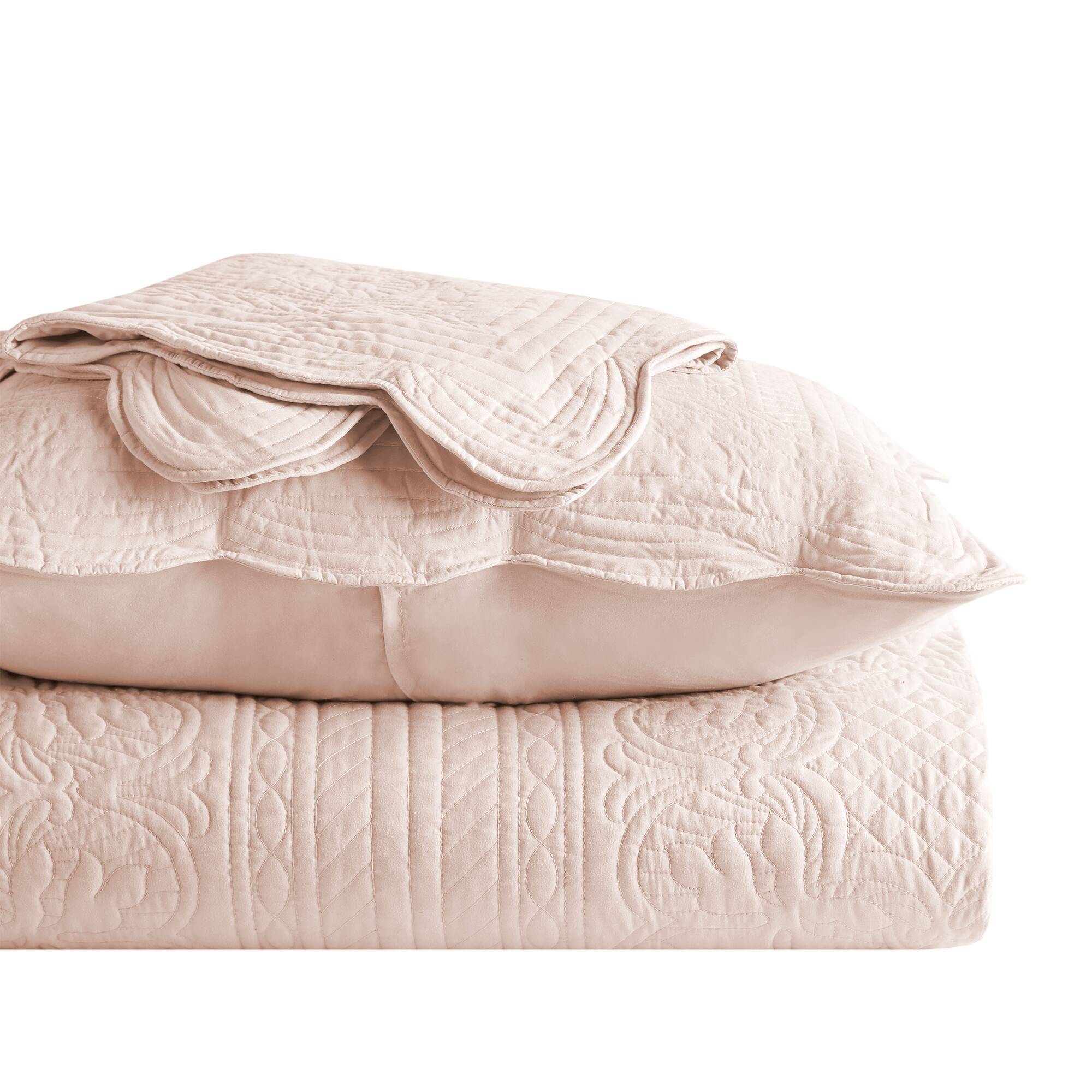 Tuscany - 3 Piece Reversible Scalloped Edge Coverlet Set - Blush