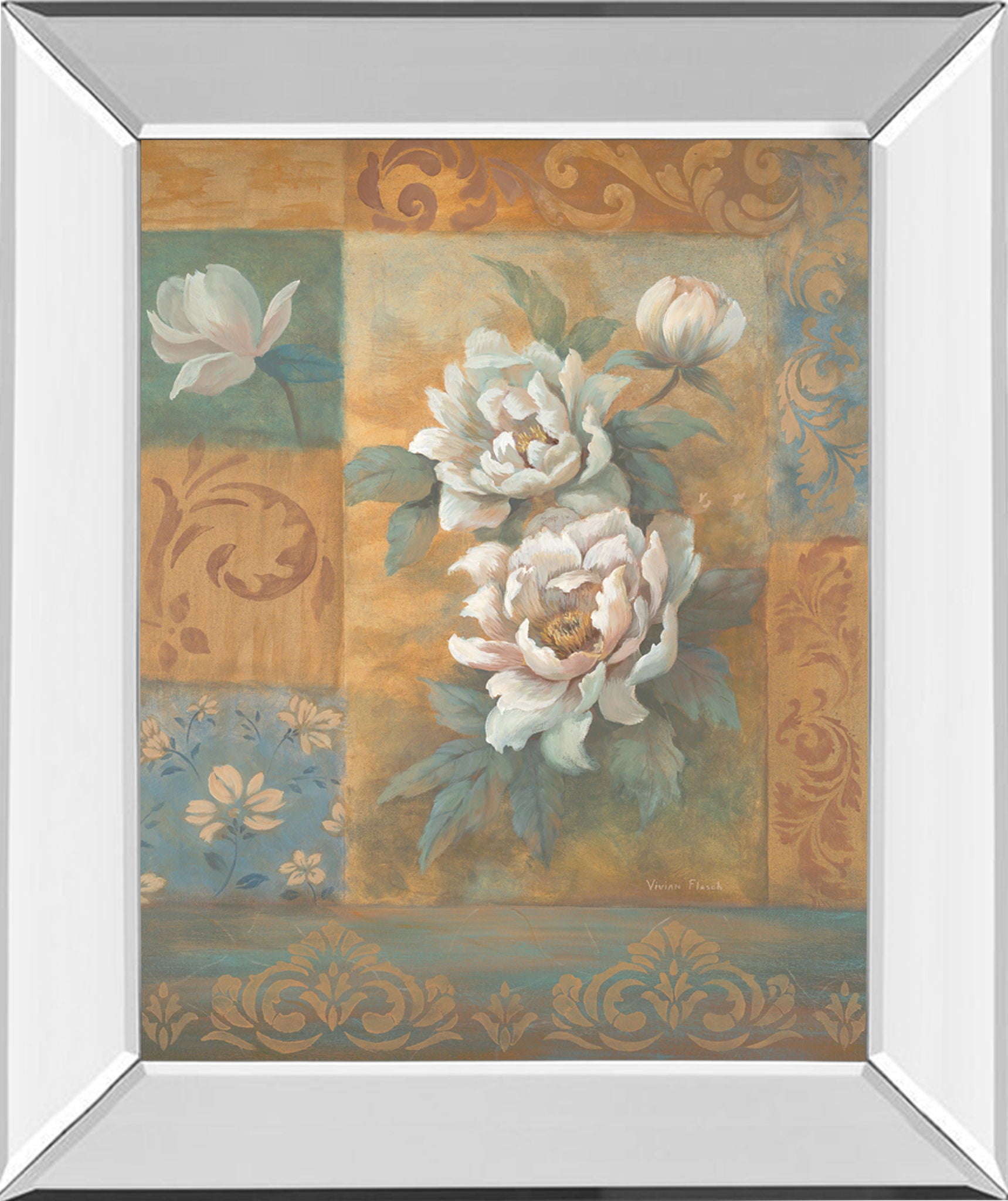 Pam's Poppies I By Vivian Flasch - Mirror Framed Print Wall Art - Light Brown